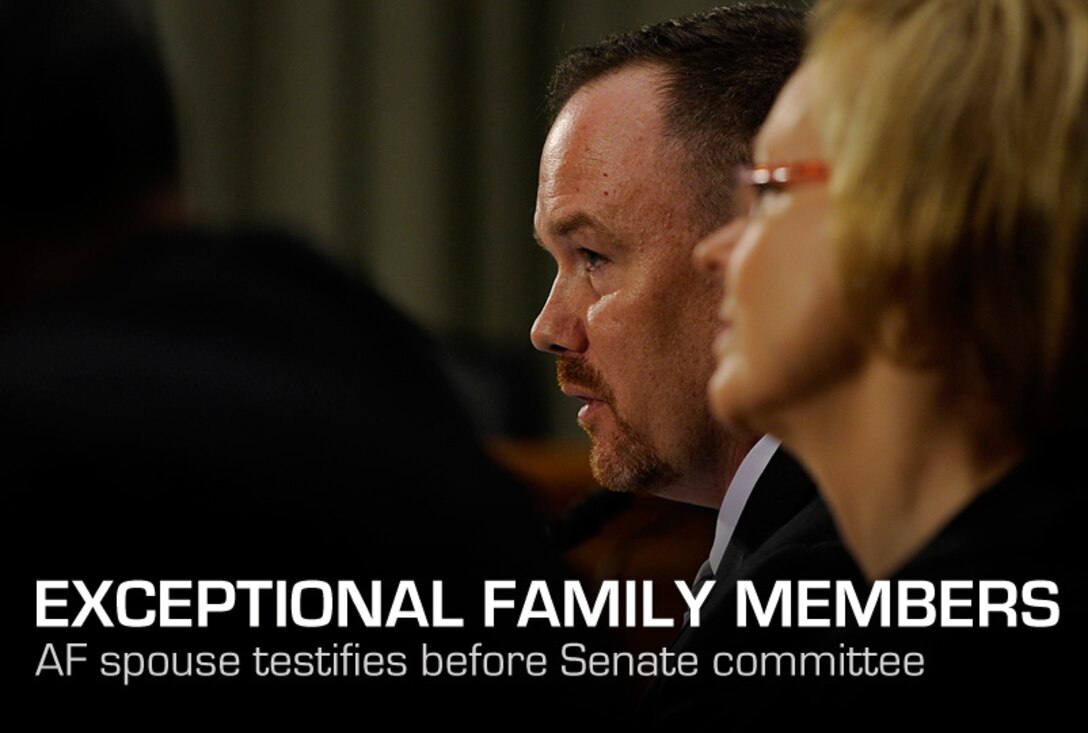 Jeremy Hilton testifies before the U.S. Senate Armed Services Subcommittee on Personnel in Washington, D.C., June 21, 2012. Hilton, who is married to U.S. Air Force Lt. Col. Renae Hilton, is an advocate for military families with special needs and is the Military Spouse of the Year for 2012. (U.S. Air Force photo/Scott M. Ash)
