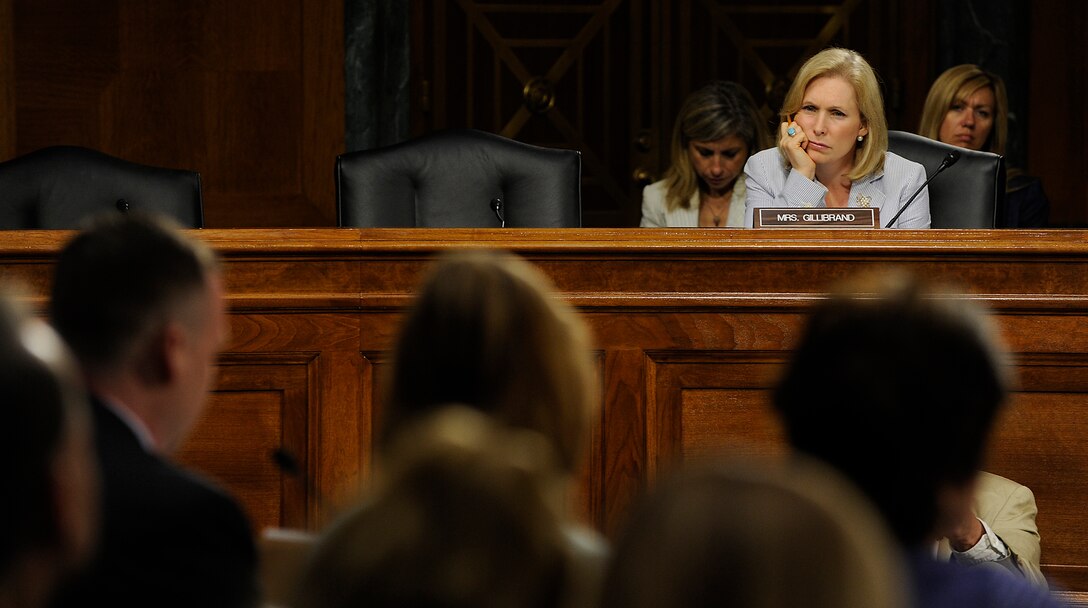 Sen. Kirsten Gillibrand listens to testimony from Jeremy Hilton during a U.S. Senate Armed Services Subcommittee on Personnel hearing in Washington, D.C., June 21, 2012. Hilton, who is married to Lt. Col. Renae Hilton, is an advocate for military families with special needs and is the Military Spouse of the Year for 2012. (U.S. Air Force photo/Scott M. Ash)