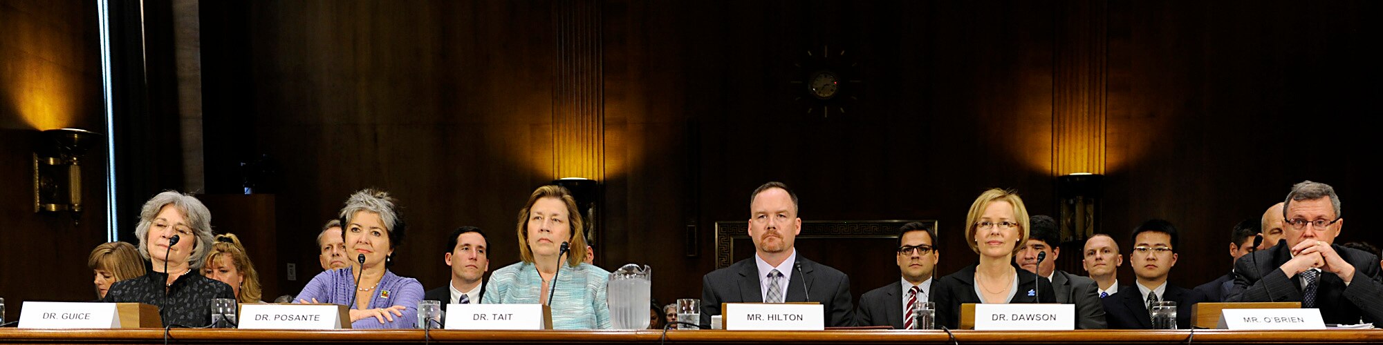 Witnesses testify before the U.S. Senate Armed Services Subcommittee on Personnel in Washington, D.C., June 21, 2012. From the left are Dr. Karen Guice, the principal deputy assistant secretary of defense for health affairs and principal deputy director of the TRICARE Management Activity; Dr. Rebecca Posante, the deputy director of the Department of Defense Office of Community Support for Military Families with Special Needs; Dr. Vera Tait, the associate executive director of the Department of Community and Specialty Pediatrics, American Academy of Pediatrics; Jeremy Hilton, a military spouse, veteran and military family advocate; Dr. Geraldine Dawson, the chief science officer for Autism Speaks and a professor of psychiatry at the University of North Carolina at Chapel Hill; and John O'Brien, the director of healthcare and insurance with the U.S. Office of Personnel Management. Hilton, who is a stay-at-home parent and married to Lt. Col. Renae Hilton, is the Military Spouse of the Year for 2012. (U.S. Air Force photo/Scott M. Ash)