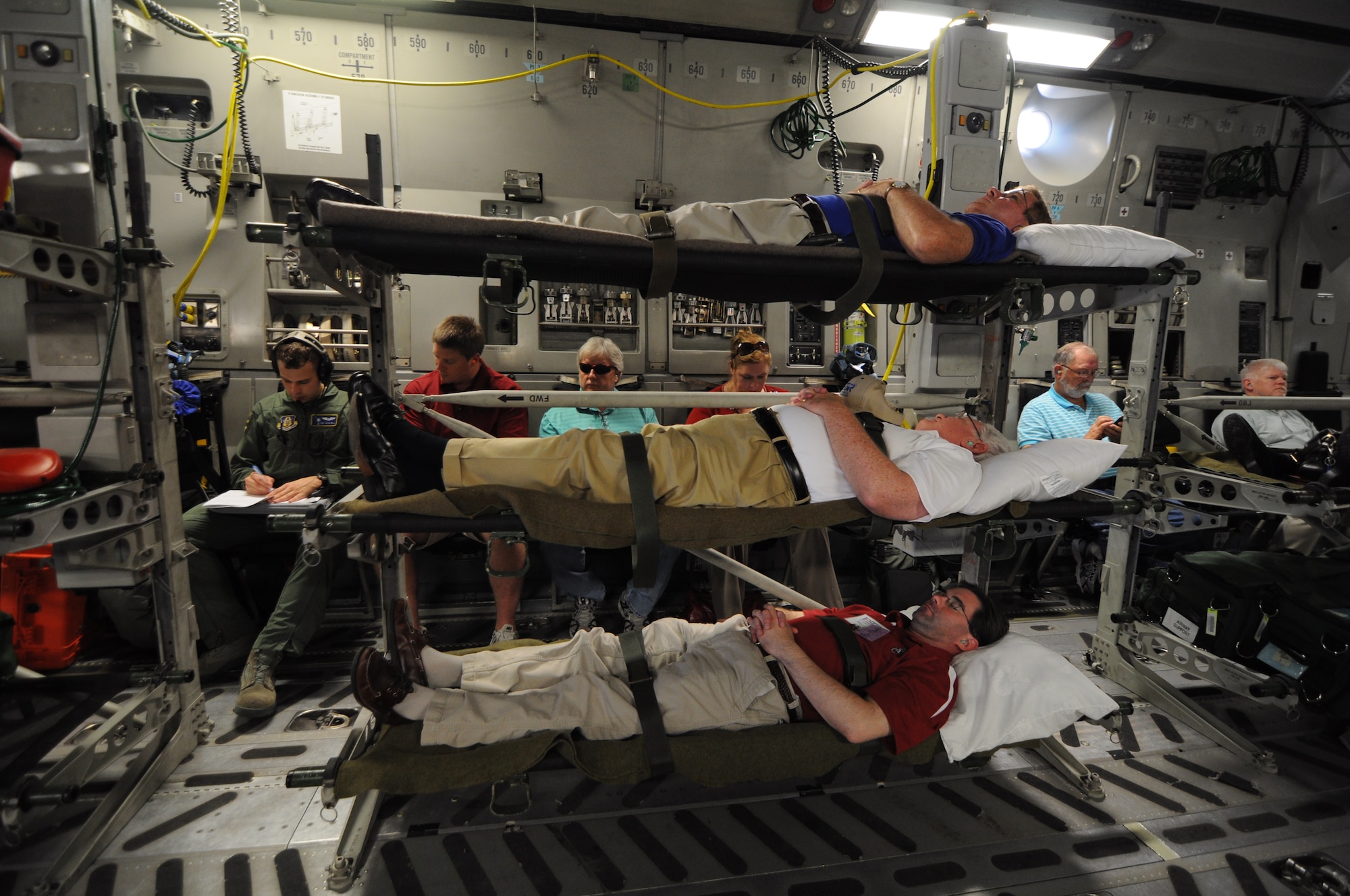 Civilian employers from South Carolina pariticipated in an Aeromedical Evacuation scenario during the ESGR bosslift June 21. During the two hour flight employers were also able to see an aerial refueling from the flight deck, and try on a parachute.   (U.S. Air Force photo/SSgt Shane Ellis)