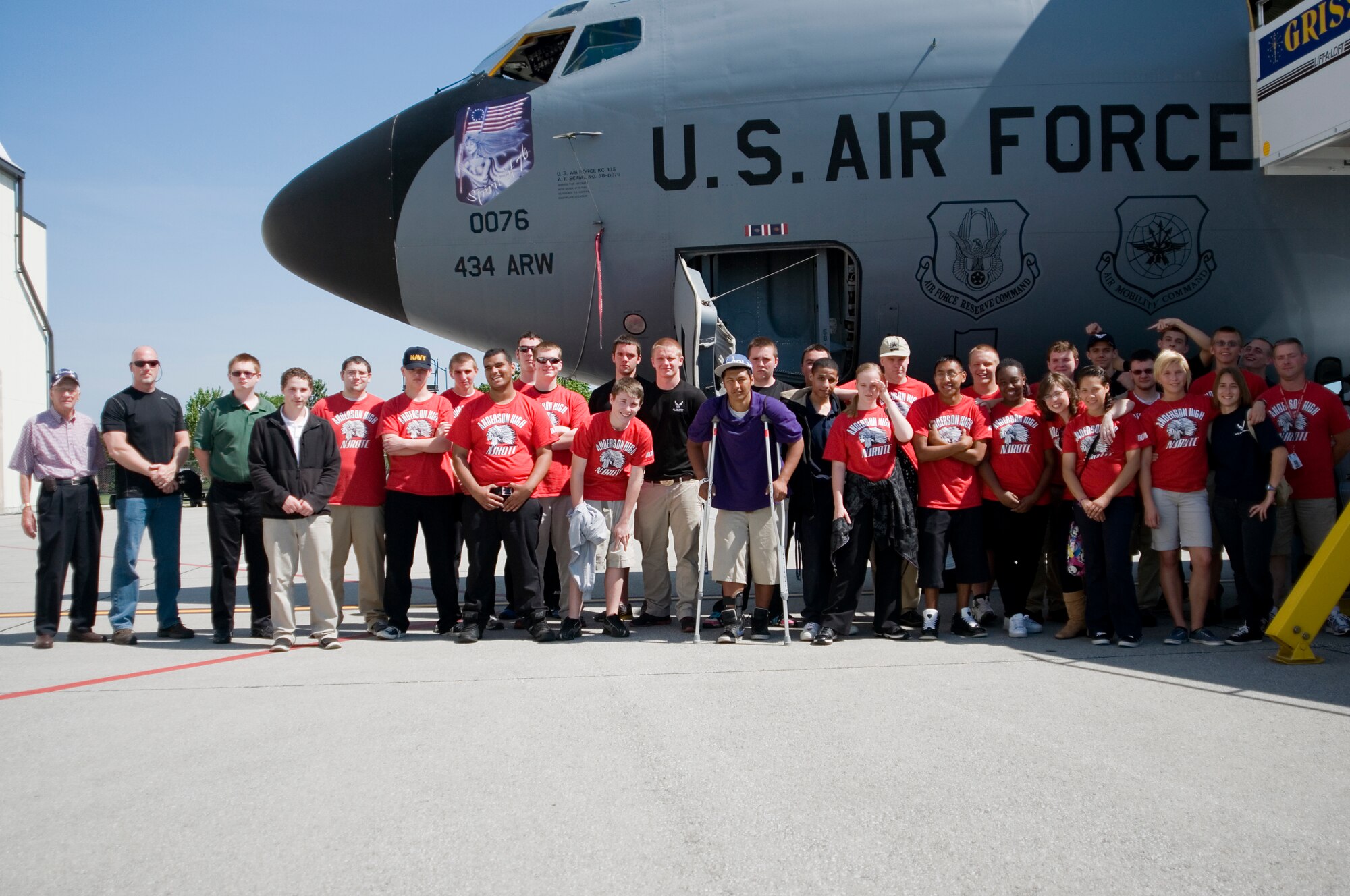 GRISSOM AIR RESERVE BASE, Ind. -- Junior ROTC students from Anderson Preparatory Academy, Anderson, Ind., pose after their tour of a KC-135R Stratotanker at Grissom May 23. The students visited the base to learn about the mission of the 434th Air Refueling Wing and one of its tenant units.