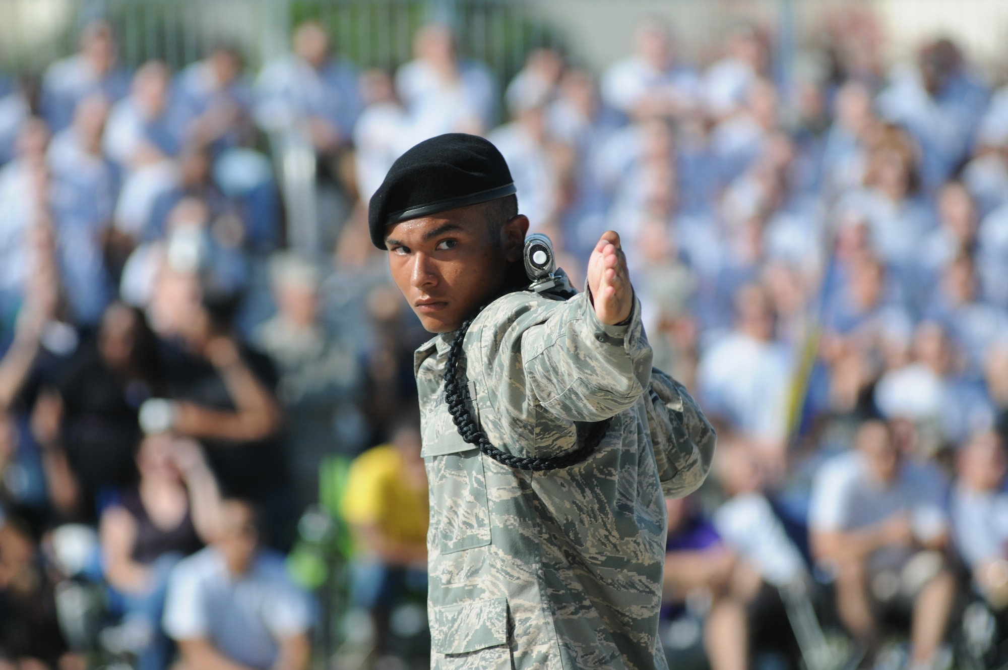 Airman 1st Class Jonatan Ramirez, 335th Training Squadron, holds his position in the freestyle drill portion of the drill down competition June 22, 2012, at Keesler Air Force Base Miss.  The Gators placed 1st in open ranks and 3rd overall.  (U.S. Air Force photo by Kemberly Groue)