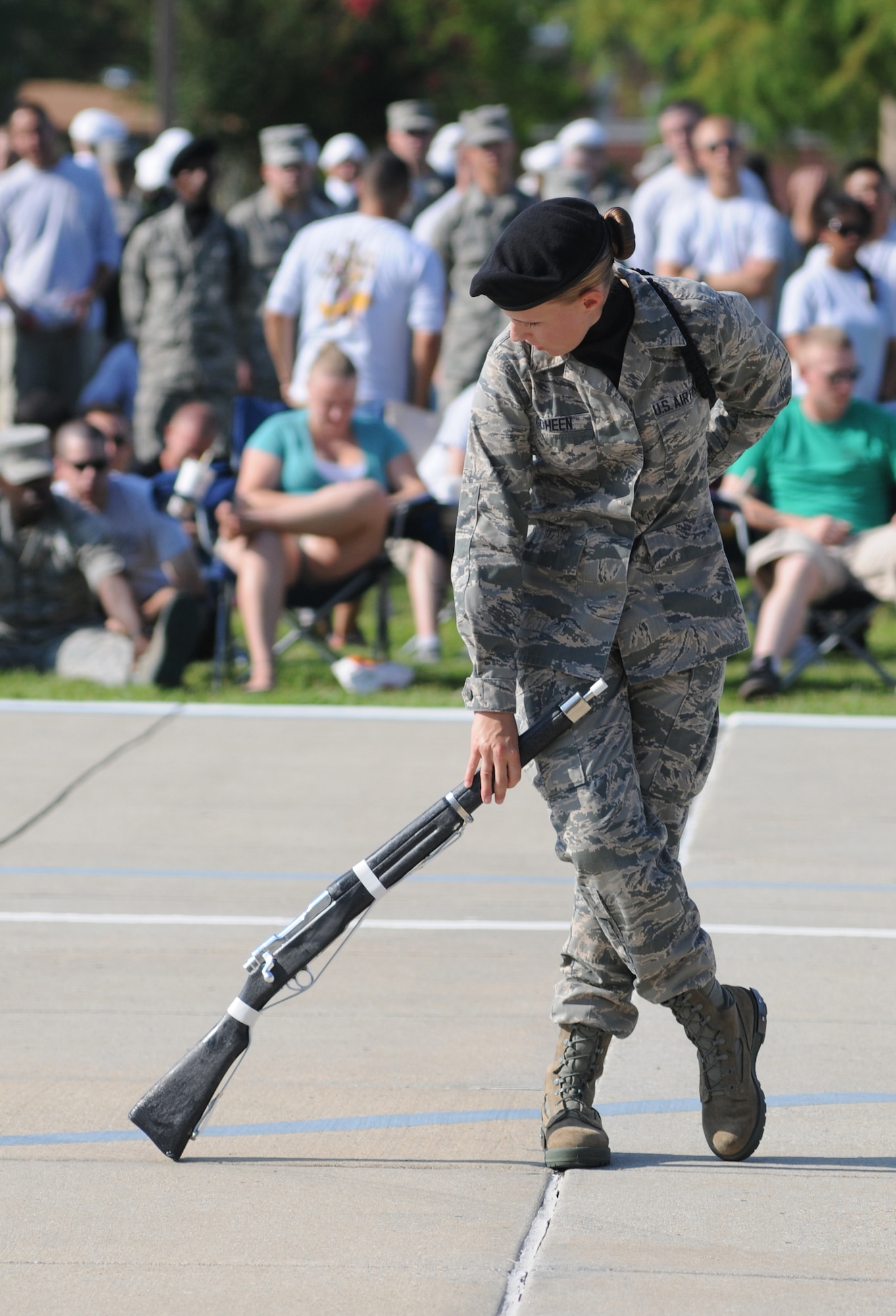 Airman Basic Amanda Goheen, 335th Training Squadron,  holds her position in the freestyle drill portion of the drill down competition June 22, 2012, at Keesler Air Force Base Miss.  The Gators placed 1st in open ranks and 3rd overall.  (U.S. Air Force photo by Kemberly Groue)