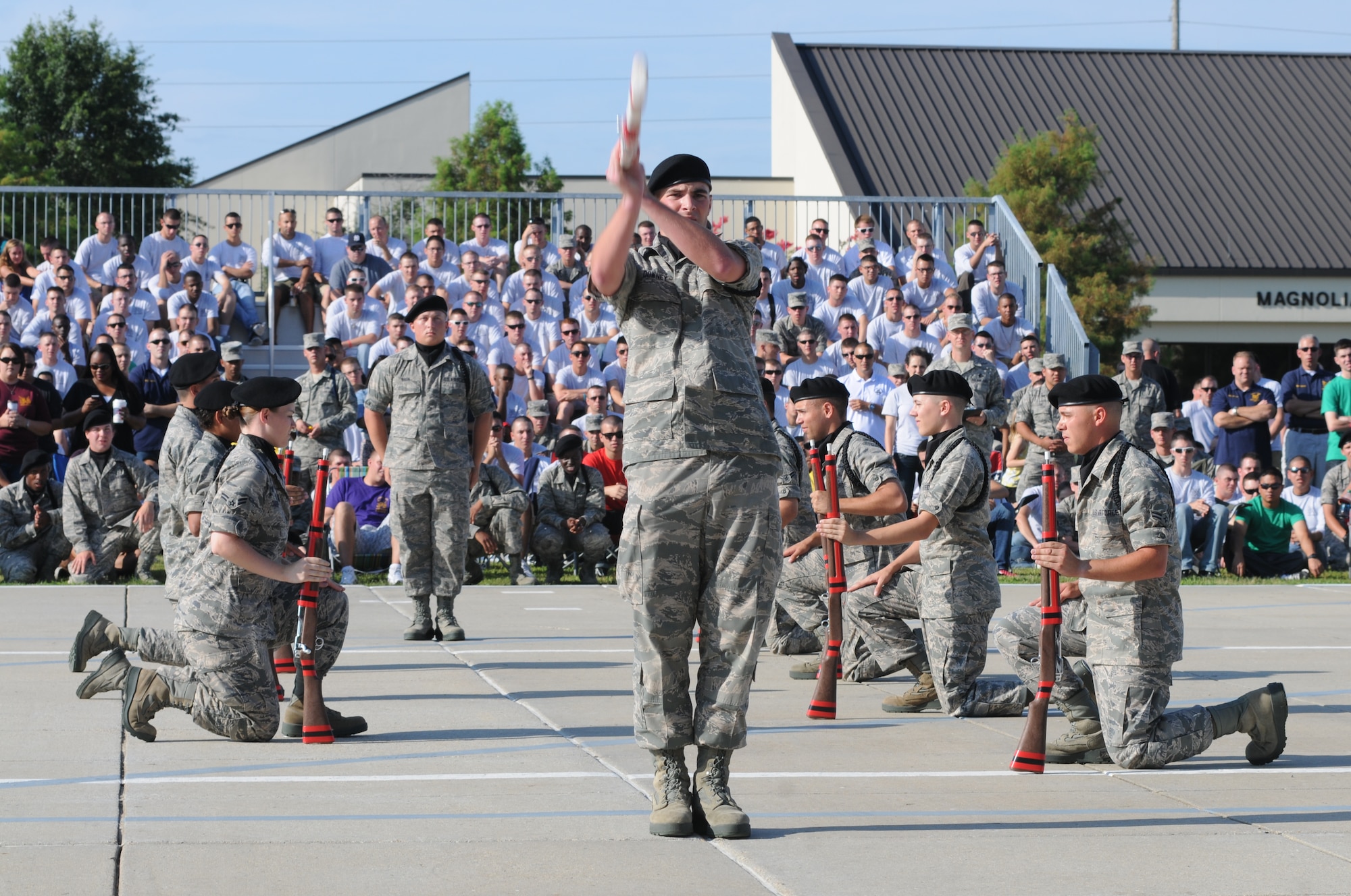 The 336th Training Squadron drill team performs in the freestyle drill competition June 22, 2012, at Keesler Air Force Base Miss.  The Red Wolves placed 2nd overall and in freestyle drill and 3rd in both open ranks and regulation.  (U.S. Air Force photo by Kemberly Groue)