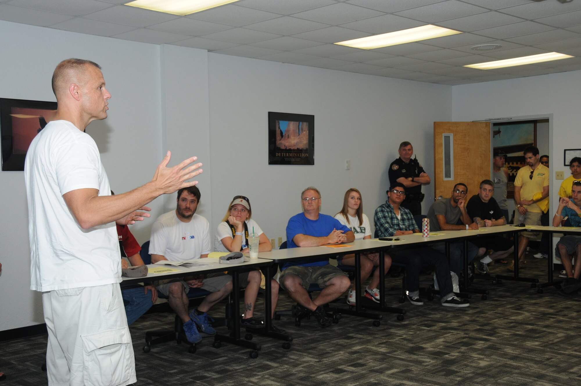 Brig. Gen. Bradley Spacy, 81st Training Wing commander, delivers welcoming remarks to  students of the two-day street survival and defensive driving class June 23, 2012, at the Airman Leadership School building, Keesler Air Force Base, Miss.  The students spent the first few hours receiving briefings and the rest of the course was dedicated to hands-on practice on the flight line.  (U.S. Air Force photo by Kemberly Groue)