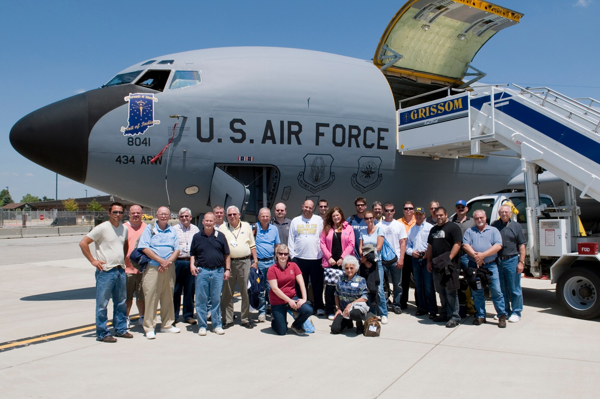 GRISSOM AIR RESERVE BASE, Ind. -- Grissom honorary commanders and local civic leaders pose after their flight aboard a KC-135R Stratotanker with the 434th Air Refueling Wing June 20. The honorary commanders and civic leaders visited the base and flew during an in-flight refueling to learn about the mission of the 434th ARW. (U.S. Air Force photo/Senior Airman Andrew McLaughlin) 