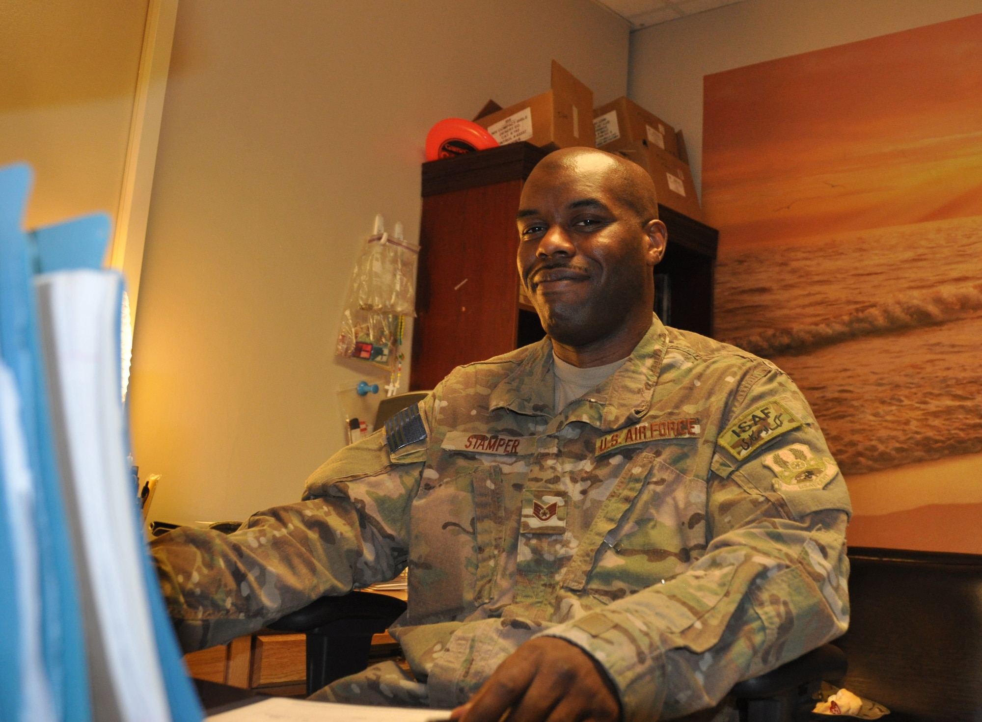 Staff Sgt. Charles Stamper, member of the 455th Air Expeditionary Wing Religious Support Team, checks inventory for the “Chapel Mart,” a program he established that provides hygiene and personal items for visitors to the Craig Joint Theater Hospital at Bagram Airfield, Afghanistan. Stamper received the Warrior of the Week award June 27, 2012, from Chief Master Sgt. Marcus Snoddy, 455th Air Expeditionary Wing Command Chief Master Sgt. Stamper supports the Chaplain staff during night shift, providing spiritual care to hospital personnel and hundreds of patients monthly. He provided comfort to hospital staff through 100 traumas in his first month as a staff member. (U.S. Air Force photo/TSgt. Shawn David McCowan)