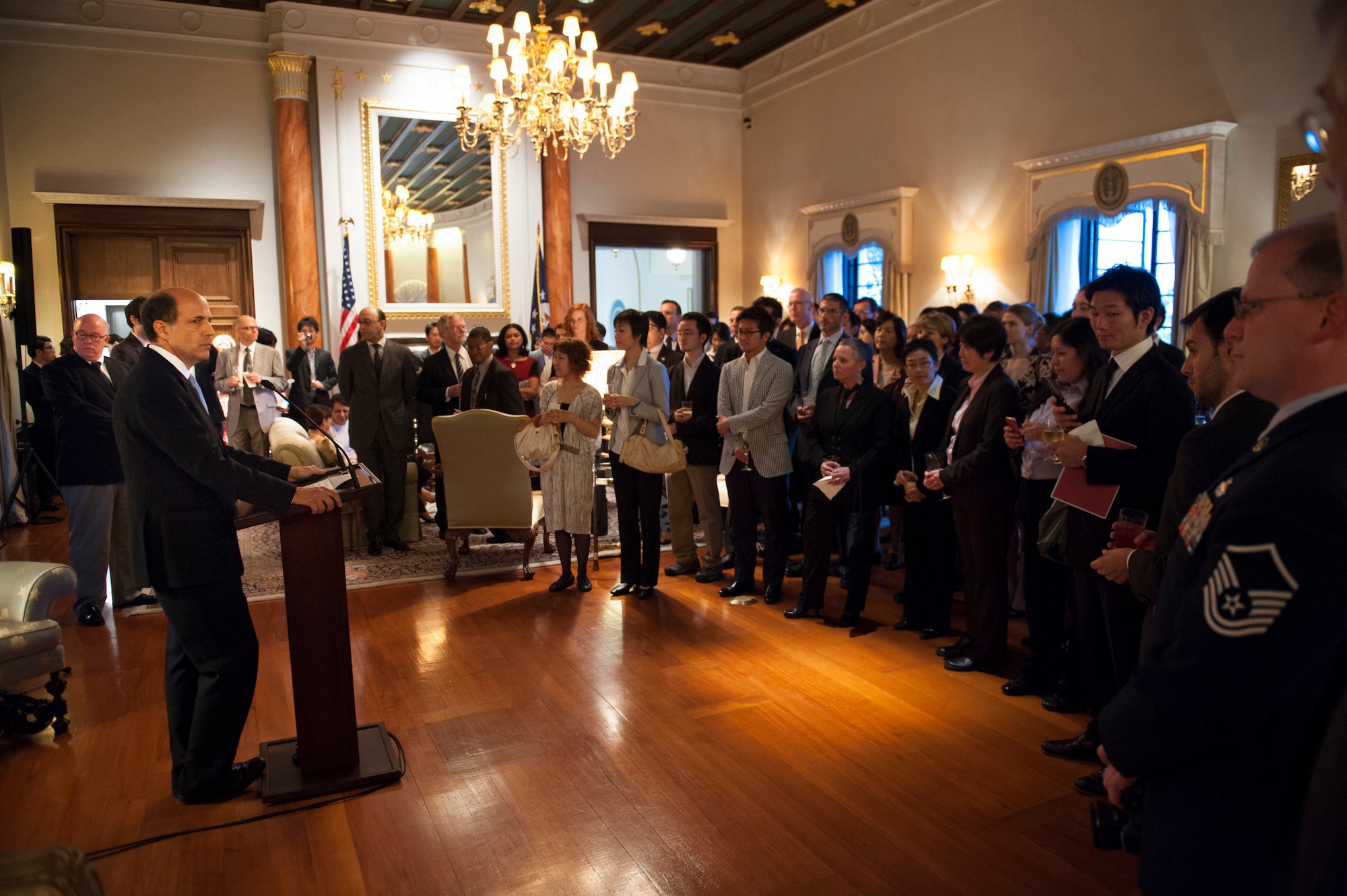 TOKYO -- U.S. Ambassador John V. Roos addresses his guests in his Tokyo home during a reception in honor of Lesbian, Gay, Bisexual and Transgender Pride Month June 4, 2012. (U.S. Air Force photo by Tech. Sgt. Samuel Morse)