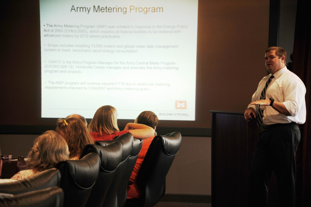 HUNTSVILLE, Ala. — Will Irby, Installation Support and Programs Management, provides information to more than 40 visiting U.S. Army Corps of Engineers district civil works program managers regarding various U.S. Army Engineering and Support Center, Huntsville programs. Irby concentrated much of his briefing on the Center's energy programs.