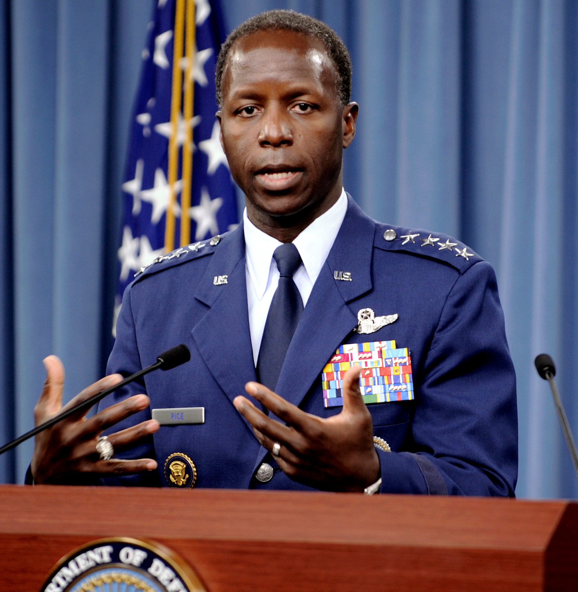 Gen. Edward Rice Jr., Commander, Air Education and Training Command, gives a press briefing on allegations of sexual misconduct involving basic military training instructors at Lackland Air Force Base in the Pentagon on June 28, 2012.  An investigation since June 2011 into the allegations is still ongoing.  (U.S. Air Force photo/Senior Airman Christina Brownlow)