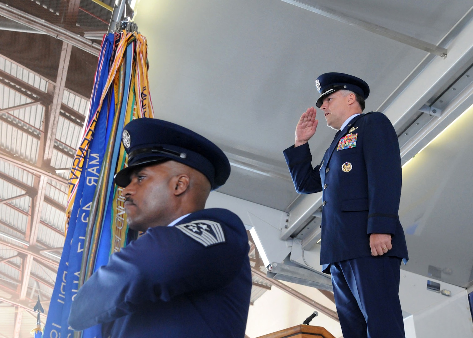 Col. Richard Murphy receives his final salute as commander from the men and women of the 12th Flying Training Wing during his change of command ceremony at Joint Base San Antonio-Randolph, Texas, June 28. Murphy relinquished command to Col. Gerald Goodfellow who was previously the vice commander for the 7th Bomb Wing at Dyess Air Force Base, Texas. (U.S. Air Force photo by Melissa Peterson)