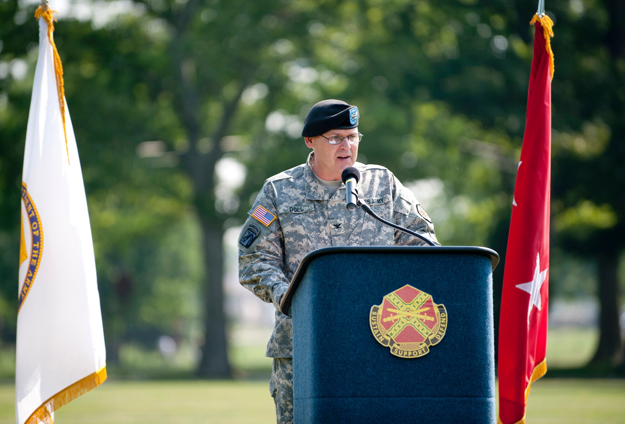 Col. Jeffrey A. Doll, incoming Army Support Activity commander Joint Base McGuire-Dix-Lakehurst, NJ, speaks at the ASA change of command ceremony at Sharp Field June 20 here. ASA supports and conducts reserve component training and mobilization/demobilization operations; and facilitates the well being of soldiers, their families and civilians. (U.S. Air Force photo by Russ Meseroll/Released)