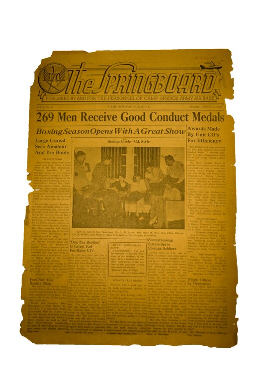 A copy of the Springboard, one of the first on-base military newspaper publications distributed here, highlights the accomplishments of service members and families stationed on Camp Springs Army Air Base during World War II. Formerly known as Camp Springs Air Base, Joint Base Andrews has continually run a military newspaper publication since 1944. The Capital Flyer, the base's most-current publication, will cease distribution July 6, and be replaced by The Andrews Gazette, a combined military and civilian newspaper.