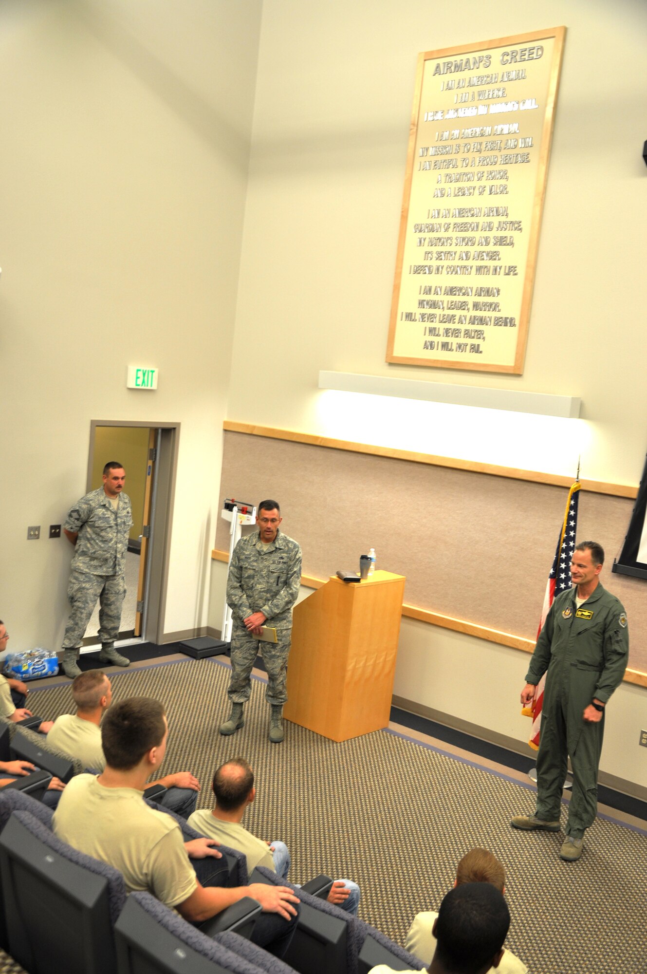 Brig. Gen. Eric S. Overturf, 442nd Fighter Wing commander, and Chief Master Sgt. James Nudd, 442nd FW command chief, welcomes development and training flight trainees to the Air Force and gives them encouragement for their future careers during the June 2012 unit training assembly.  The 442nd DTF is part of the 442nd Fighter Wing, an A-10 Thunderbolt II Air Force Reserve unit at Whiteman Air Force Base, Mo. (U.S. Air Force photo/Tech. Sgt. Kent Kagarise)   