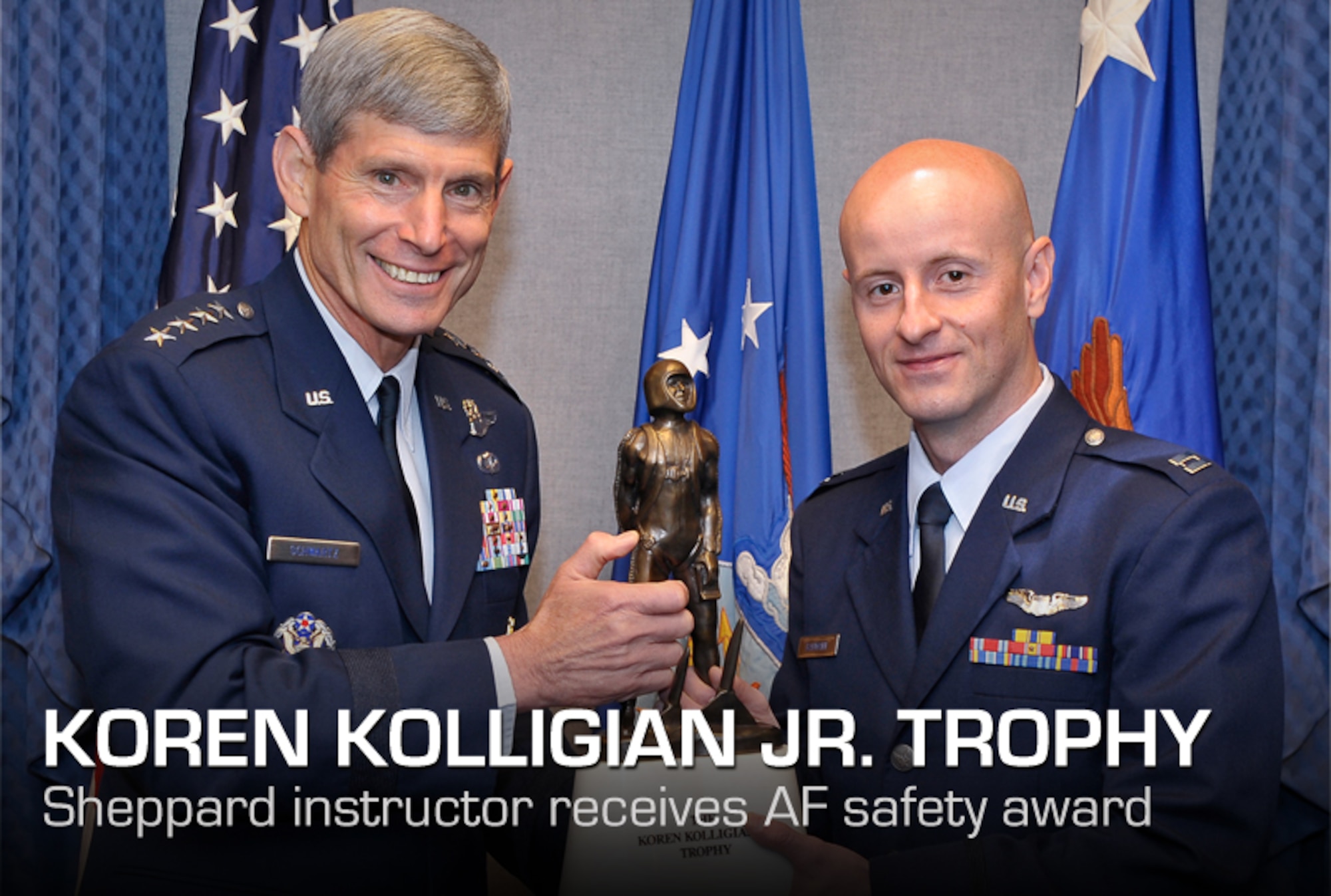 Air Force Chief of Staff Gen. Norton Schwartz presents the Koren Kolligian Jr. Trophy to 2011 recipient Capt. Frank Baumann during a Pentagon ceremony June 27, 2012.  Baumann is an instructor pilot stationed at Sheppard Air Force Base, Texas.  The trophy, established in 1958, is the only Air Force individual safety award personally presented by the Air Force Chief of Staff.   (U.S. Air Force photo/Michael J. Pausic)