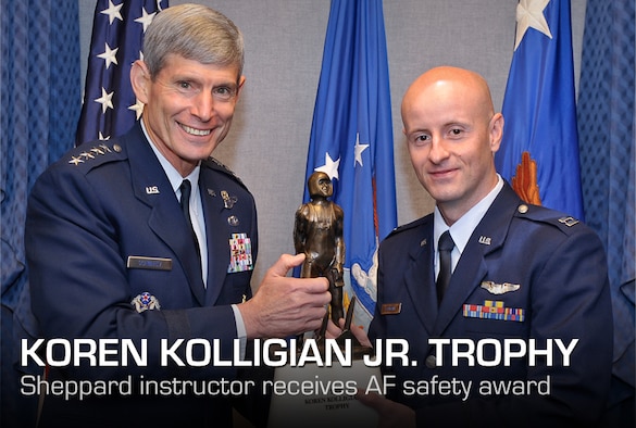 Air Force Chief of Staff Gen. Norton Schwartz presents the Koren Kolligian Jr. Trophy to 2011 recipient Capt. Frank Baumann during a Pentagon ceremony June 27, 2012.  Baumann is an instructor pilot stationed at Sheppard Air Force Base, Texas.  The trophy, established in 1958, is the only Air Force individual safety award personally presented by the Air Force Chief of Staff.   (U.S. Air Force photo/Michael J. Pausic)