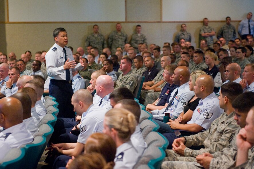 Col. H.B. Brual, 341st Missile Wing commander, speaks to members of Team Malmstrom during one of three commander’s calls held June 25 and 26.  Brual, along with a few other members of Wing One, spoke on the importance of preventing motorcycle mishaps and sexual assault.  (U.S. Air Force photo/Beau Wade)