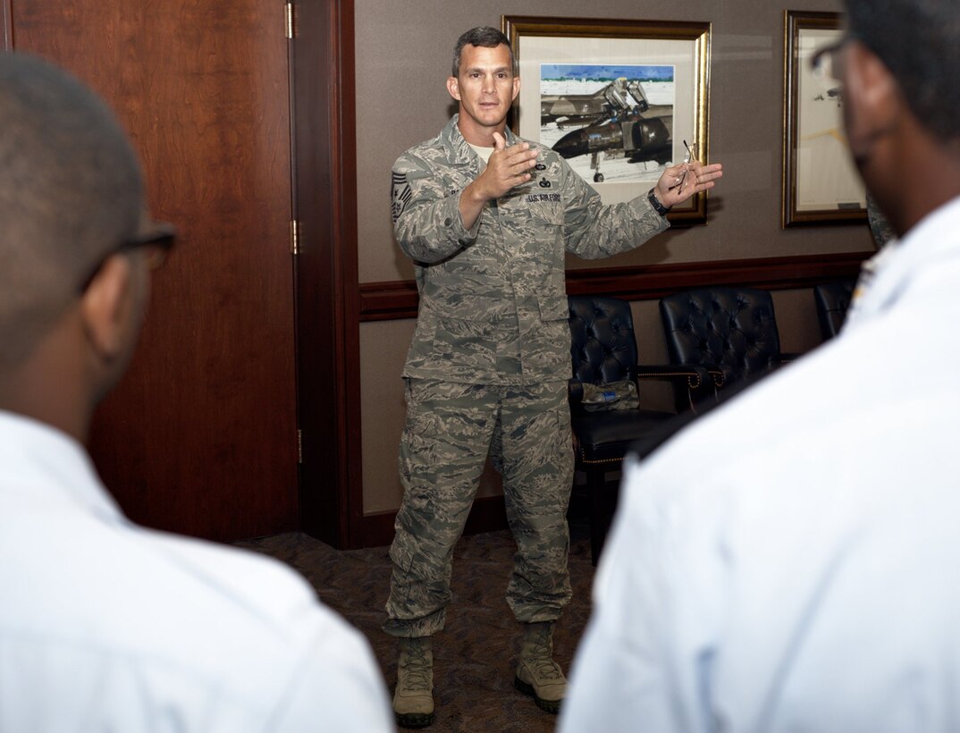 Chief Master Sgt. Richard Parsons, Air Combat Command command chief, speaks to Air Force JROTC cadets at Langley Air Force Base, June 27, 2012.  The cadets visited Langley to learn about the Air Force mission and the experiences of Airmen currently serving in the Air Force. (U.S. Air Force photo by Tech. Sgt. Barry Loo/Released)
