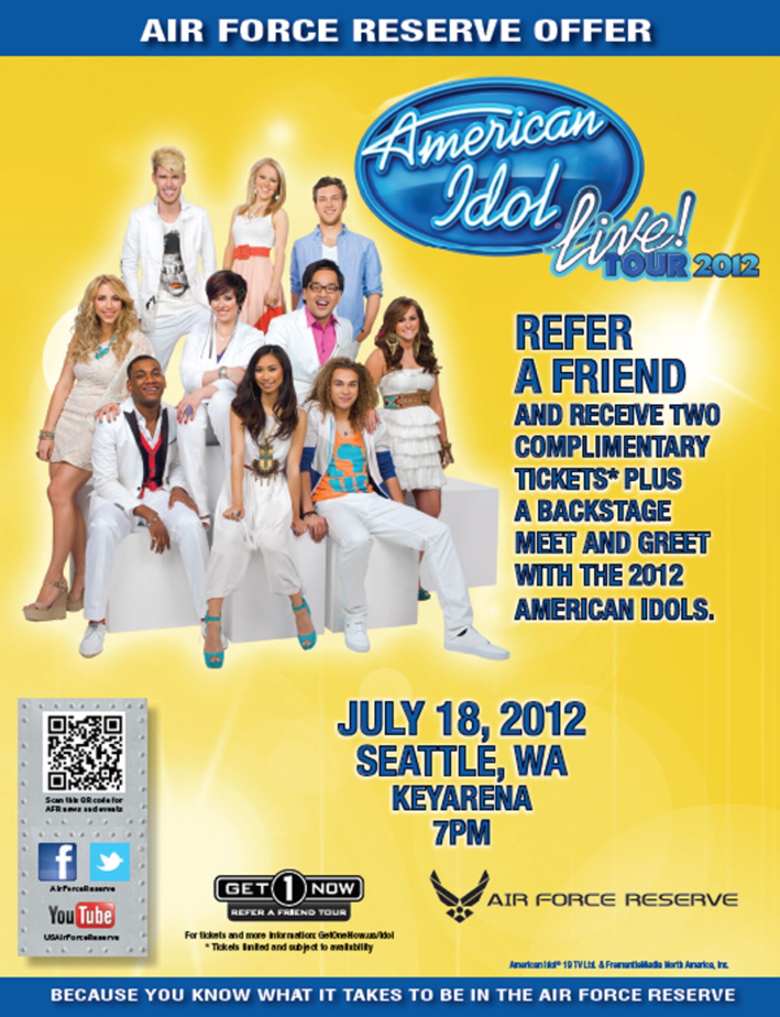 The "American Idol Live Tour 2012" will bring this year's top 10 "American Idol" performers to Key Arena in Seattle July 18.  Reservists can win complimentary tickets and a backstage meet and greet with the American Idols through the "Get 1" program. (Courtesy photo)