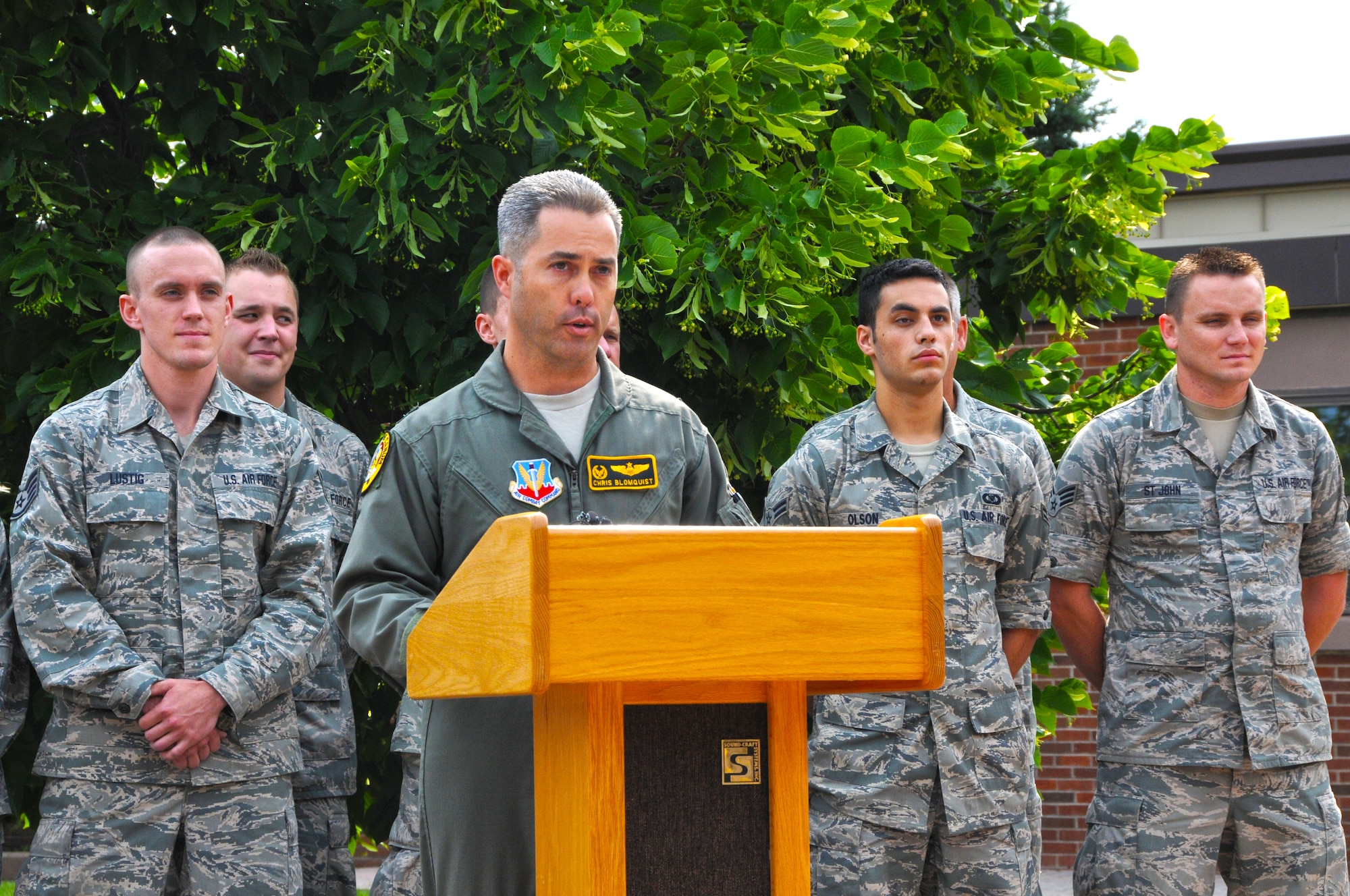 179th Fighter Squadron Commander Lt. Col. Chris Blomquist announces an upcoming deployment to Afghanistan during a press conference at the 148th Fighter Wing June 28, 2012.  The 148th Fighter Wing is scheduled to deploy approximately 300 Bulldogs to Kandahar Air Field, Afghanistan for about two months in support of Operation Enduring Freedom. (National Guard photo by Master Sgt. Ralph J. Kapustka.)