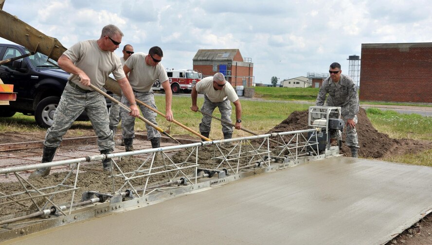 RAF Mildenhall, England -- Master Sgt. Tom Campbell, 442nd Civil Engineers Squadron, prepares to lay concrete while on temporary duty here. Campbell and approximately 50 reservists from the squadron deployed here to assist the active-duty squadron. The 442nd CES is part of the 442nd Fighter Wing, an A-10 Thunderbolt II Air Force Reserve unit at Whiteman Air Force Base, Mo. (U.S. Air Force photo/Lt. Col. David Fruck) 