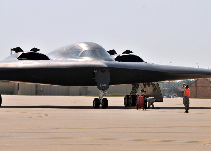 The B-2 "Spirit of Ohio" returns from a training mission, June 27.  Onboard, Lt. Col. Dave Thompson who, with this mission, surpasses 1000 flying hours in a B-2 Stealth Bomber.  Thompson joins an elite group, which includes his co-pilot Maj Kennish.  Just two weeks prior, Maj Geoffrey Billingsley also flew past the 1000 flying hour mark.  Only 31 pilots have ever reached 1000 B-2 hours, and just thirteen still actively fly the B-2 Stealth Bomber.  Seven of these elite pilots are 131st Bomb Wing Missouri Air National Guard members at Whiteman Air Force Base:  Lt. Col. Rhett Binger,  Lt. Col. Mike Pyburn, Lt. Col. Dave Thompson,  Maj. Jared Kennish, Maj. John Avery,  Maj. Geoffrey Billingsley, and Lt. Col. Mike Means, who has over 1500 B-2 flying hours. (National Guard Photo by Senior Master Sgt. Mary-Dale Amison.  RELEASED)