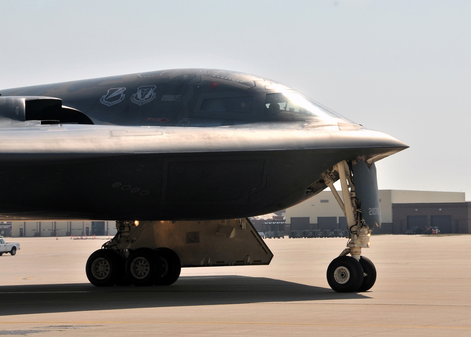 The B-2 "Spirit of Ohio" returns from a training mission, June 27.  Onboard, Lt. Col. Dave Thompson who, with this mission, surpasses 1000 flying hours in a B-2 Stealth Bomber.  Thompson joins an elite group, which includes his co-pilot Maj Kennish.  Just two weeks prior, Maj Geoffrey Billingsley also flew past the 1000 flying hour mark.  Only 31 pilots have ever reached 1000 B-2 hours, and just thirteen still actively fly the B-2 Stealth Bomber.  Seven of these elite pilots are 131st Bomb Wing Missouri Air National Guard members at Whiteman Air Force Base:  Lt. Col. Rhett Binger,  Lt. Col. Mike Pyburn, Lt. Col. Dave Thompson,  Maj. Jared Kennish, Maj. John Avery,  Maj. Geoffrey Billingsley, and Lt. Col. Mike Means, who has over 1500 B-2 flying hours. (National Guard Photo by Senior Master Sgt. Mary-Dale Amison.  RELEASED)