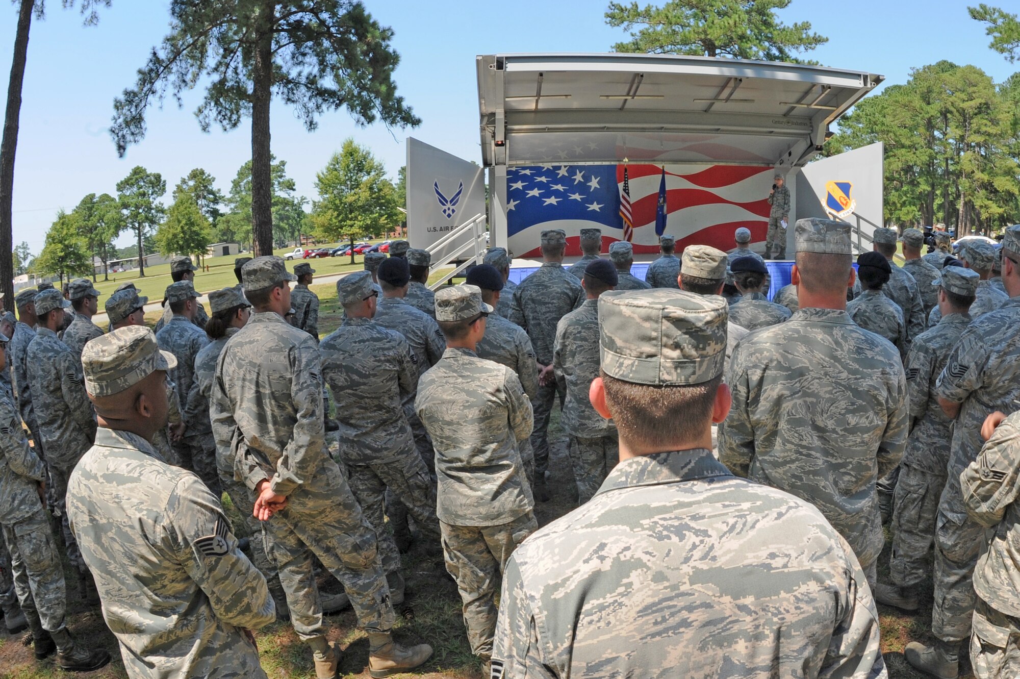 U.S. Air Force Airmen assigned to the 4th Fighter Wing listen as Col. Jeannie Leavitt speaks during her first commander’s call on Seymour Johnson Air Force Base, N.C., June 27, 2012. Leavitt reminded Team Seymour of the wing’s mission, history and Air Force core values. Leavitt, 4th FW commander, is a native of St. Louis. (U.S. Air Force photo/Airman 1st Class Aubrey Robinson/Released)
