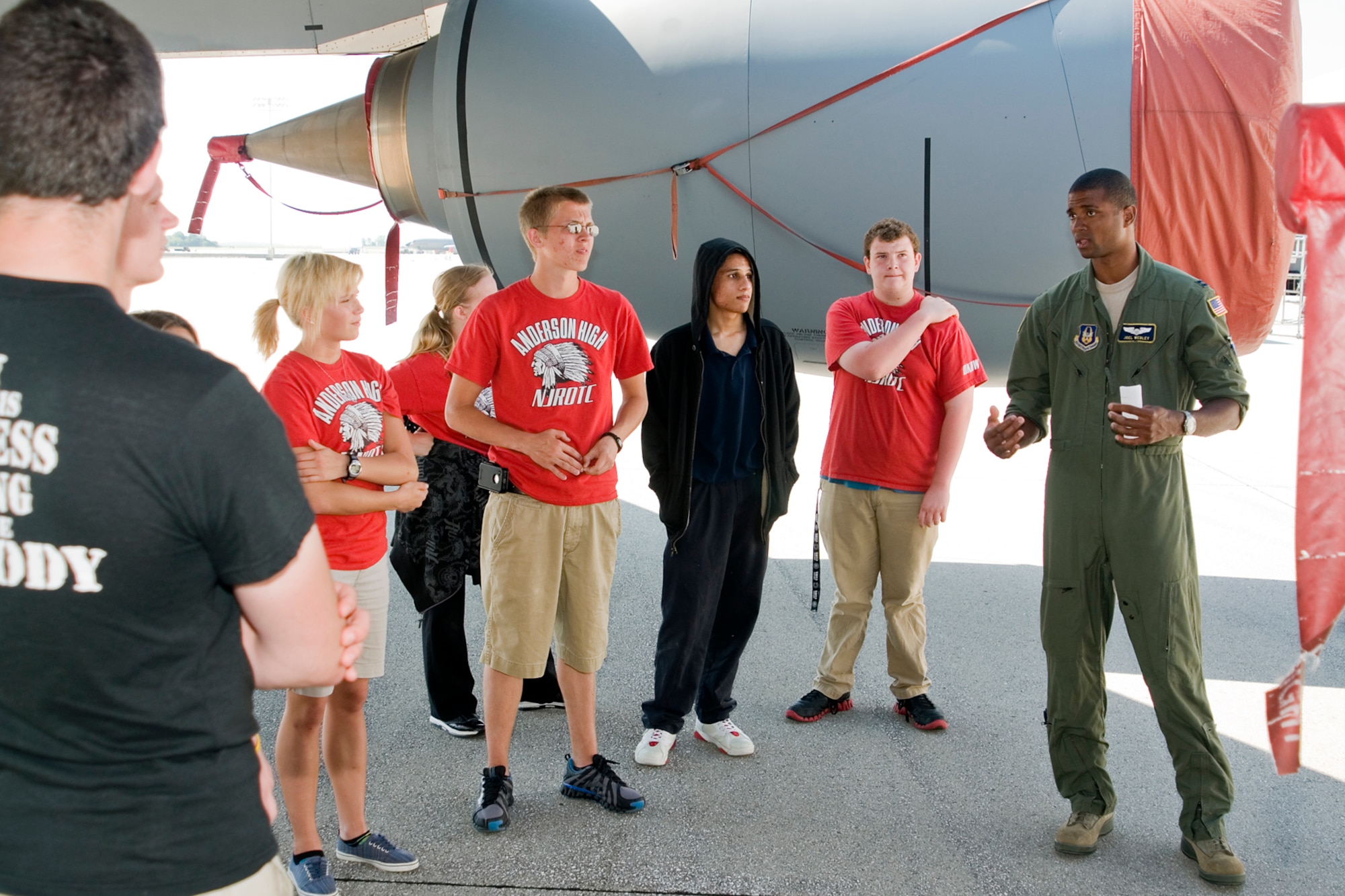 GRISSOM AIR RESERVE BASE, Ind. -- Capt. Joel Webley, 72nd Air Refueling Squadron KC-135R Stratotanker pilot, talks to junior ROTC students about the aircraft during a tour of Grissom May 23. The students visited the base to learn about the mission of the 434th Air Refueling Wing and one of its tenant units. 