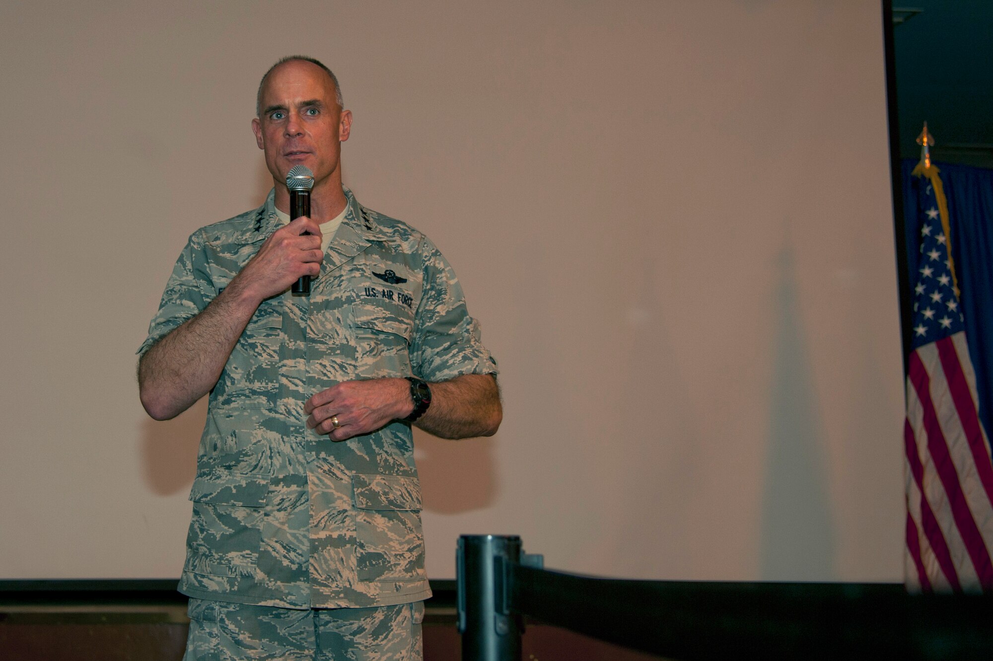CAMP LEMONNIER, Djibouti – U.S. Air Force Lt. Gen. Craig Franklin, 3rd Air Force commander, speaks to Airmen during an Air Force Commander’s Call at the Morale, Welfare and Recreation’s 11 Degrees North building June 26, 2012. Franklin spoke about making the best of one’s time while deployed by continuing education opportunities, volunteerism and diplomacy. (U.S. Air Force photo by Senior Airman Lael Huss)