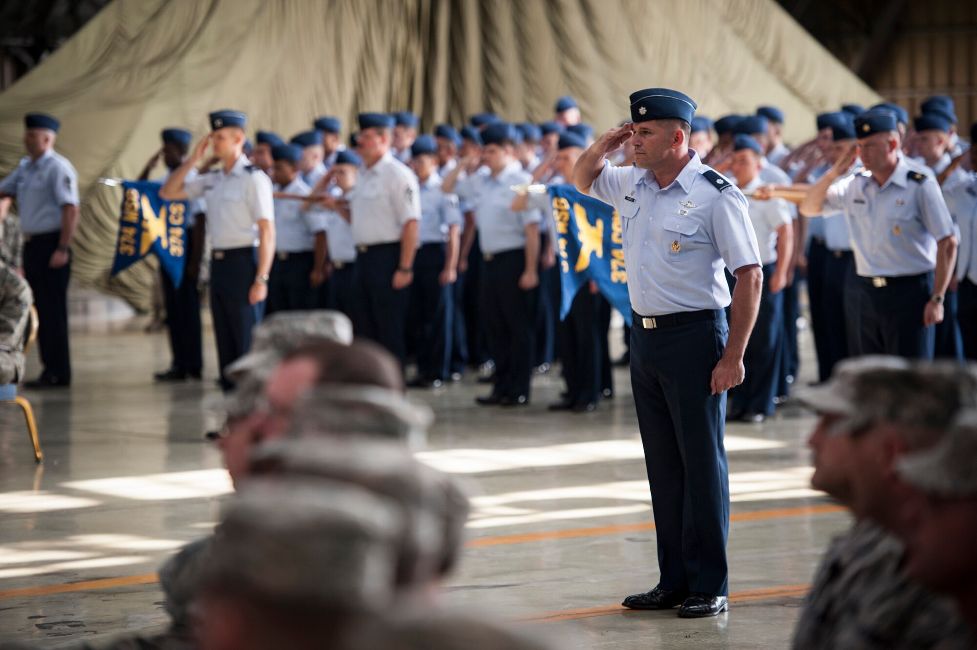 YOKOTA AIR BASE, Japan -- Lt. Col. Rocky Favrito, 374th Communications Squadron commander, renders a final salute to Col. Todd Freece, 374th Mission Support Group commander, during the 374 MSG change of command ceremony at Yokota Air Base, Japan, on June 27, 2012. (U.S. Air Force photo by Tech. Sgt. Samuel Morse)