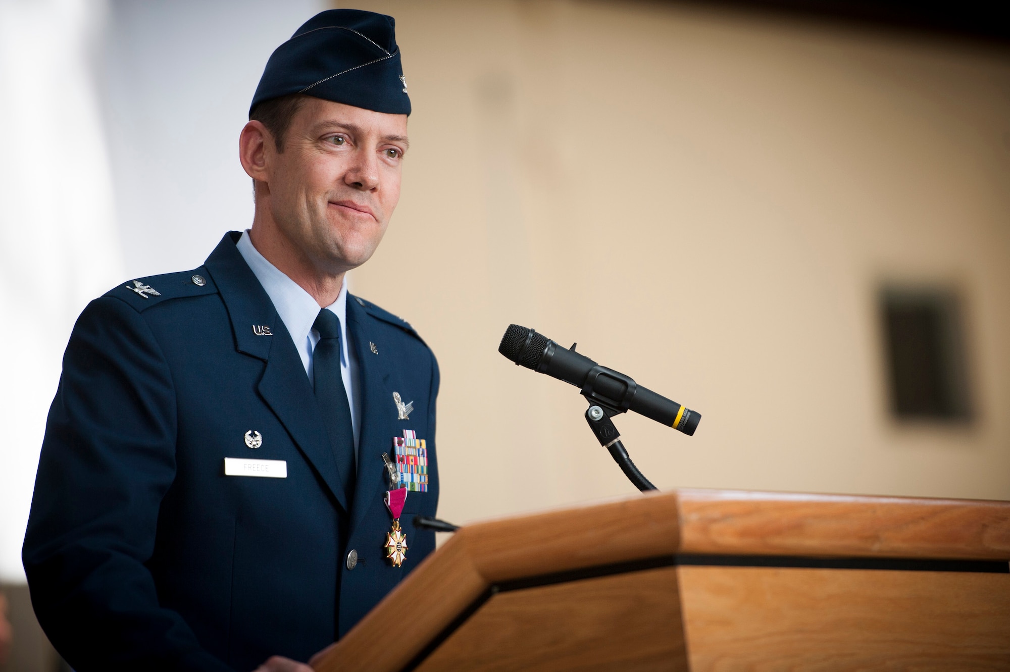 YOKOTA AIR BASE, Japan -- Col. Todd Freece, 374th Mission Support Group commander, thanks his Airmen for all their accomplishments during the 374 MSG change of command ceremony at Yokota Air Base, Japan, on June 27, 2012. Freece spoke about how proud he was of the men and women of the 374 MSG and everything they did. (U.S. Air Force photo by Tech. Sgt. Samuel Morse)