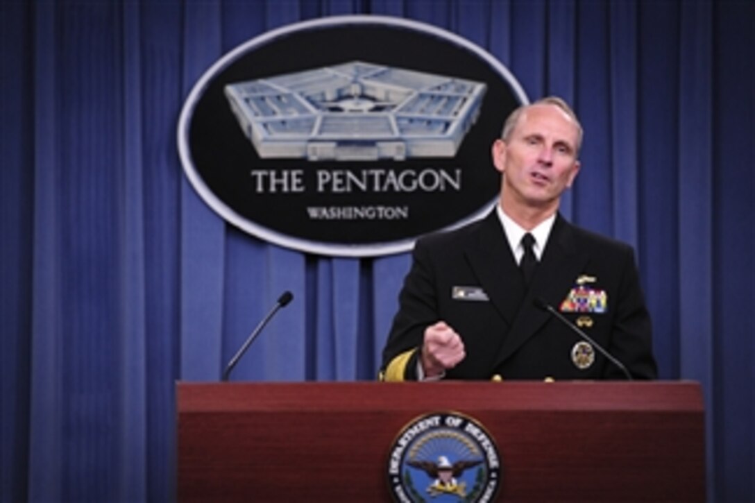 Chief of Naval Operations Adm. Jonathan Greenert talks to the media about the status of the Navy during a press conference in the Pentagon in Arlington, Va., on June 27, 2012.  Greenert also discussed the Navy's strategic 60-percent strategic balance of forces in the Asia-Pacific.  