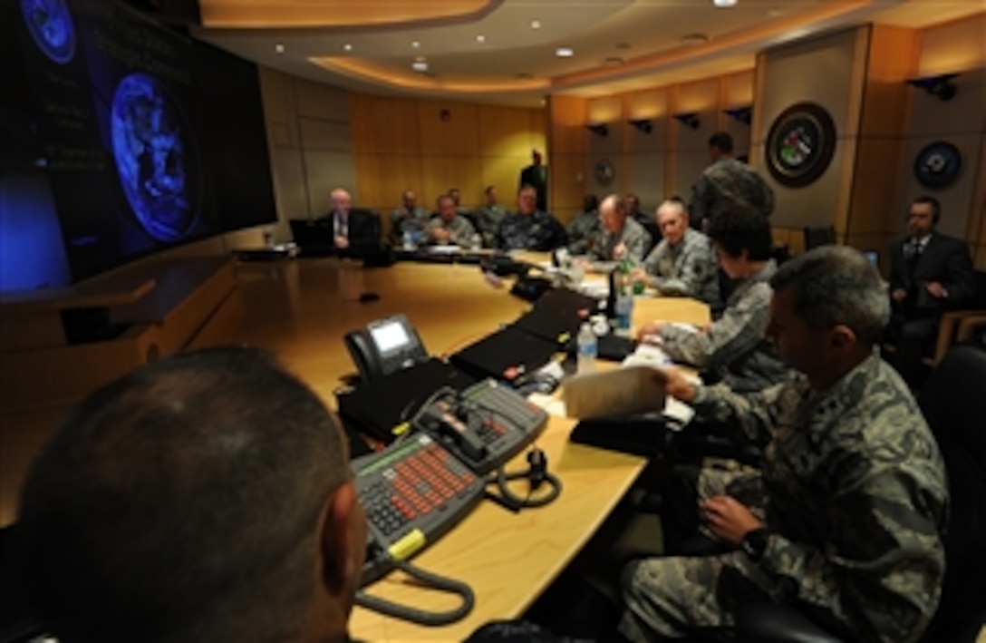 Chairman of the Joint Chiefs of Staff Gen. Martin E. Dempsey, center, meets with Commander of Strategic Command Gen. Robert Kehler and his staff at United States Strategic Command, Offutt Air Force Base, Neb., on June 26, 2012.  