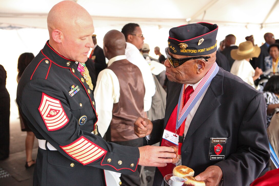 Sgt. Maj. Micheal P. Barrett, the 17th Sergeant Major of the Marine Corps, attends the Montford Point Marines Congessional Gold Medal Commemorative Ceremony at Marine Barracks Washington, Washington D.C., June 28, 2012.