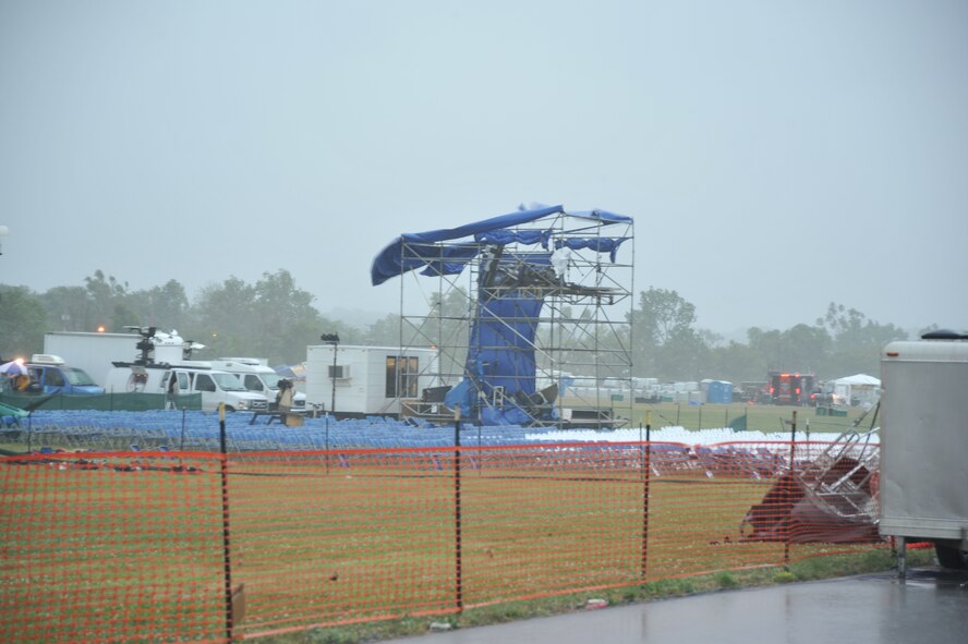 Coverings for the video and lighting tower were designed to give way to high winds such as those that tore through the Museum grounds.  (Air Force photo by Ben Strasser)