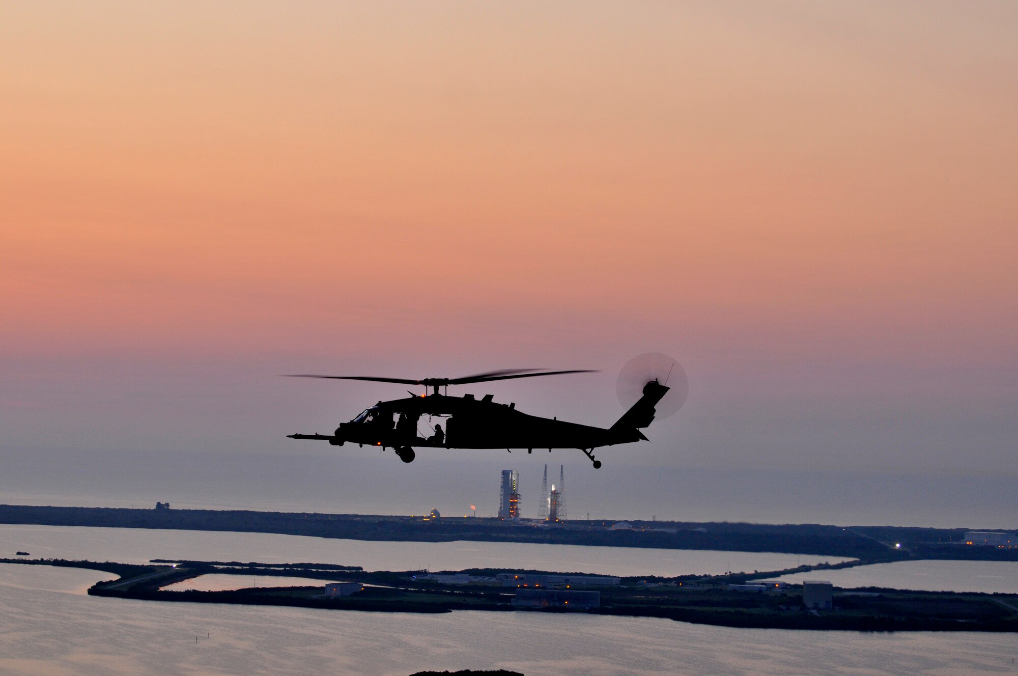 Rescue Airmen from the 920th Rescue Wing, Patrick Air Force Base, Fla., piloted two HH-60G Pave Hawk helicopters, scanning and clearing the beachline and waters that fell within the Eastern Range. The Airmen commenced their mission hours prior to the launch of the Delta-IV Heavy rocket, NROL-15, from Cape Canaveral Air Force Station Fla. which carried a classified load. (U.S. Air Force photo/Tech. Sgt. Peter Dean)