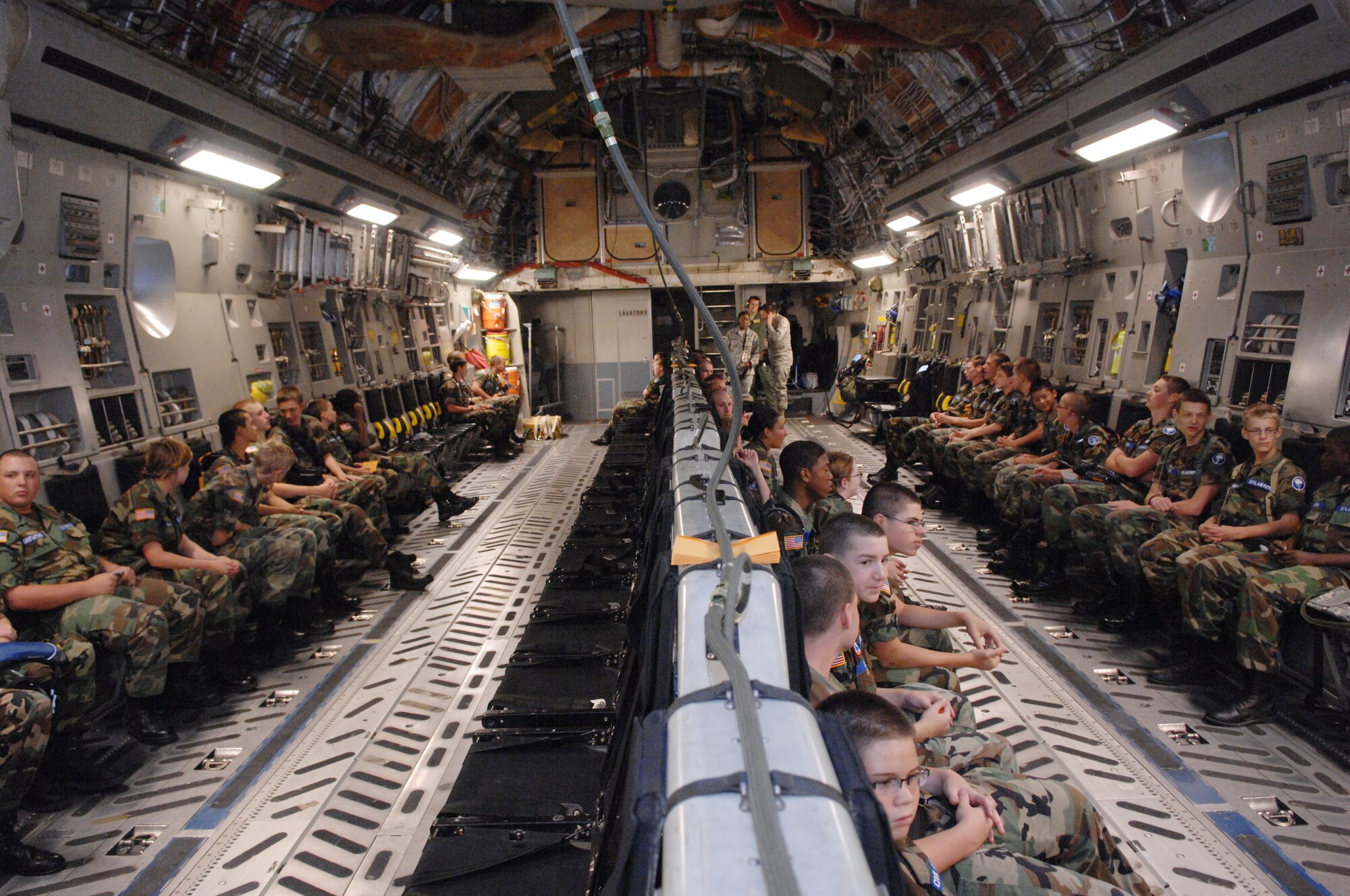 U.S. Civil Air Patrol cadets prepare for their flight on a C-17 at Shaw Air Force Base, S.C., June 28, 2012.  The cadets visited Shaw and toured the Shaw Fire Station before their flight.(U.S. Air Force Airman Nicole Sikorski/Released)