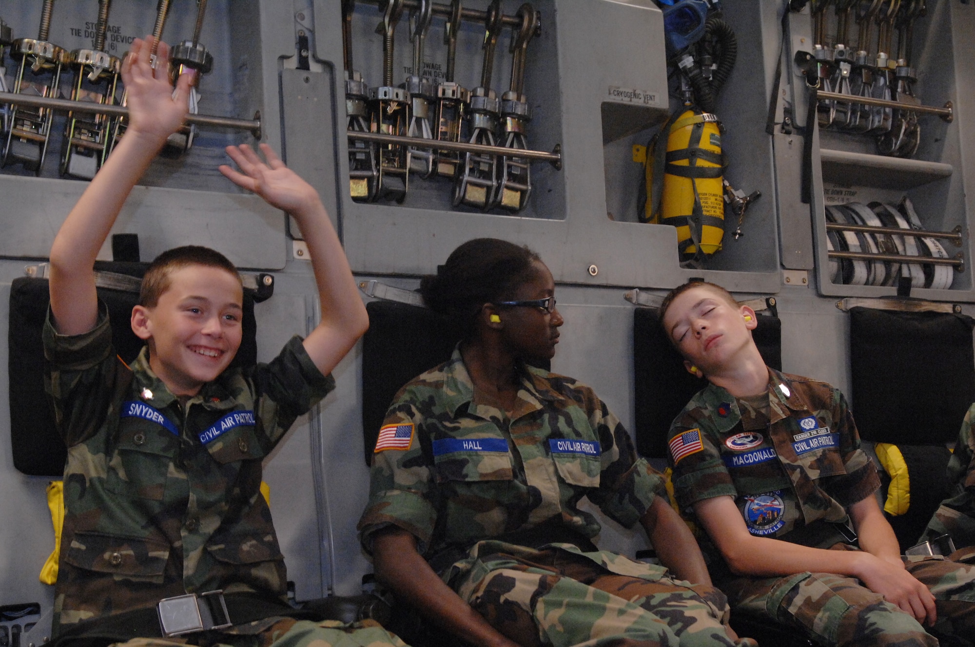 U.S. Civil Air Patrol cadets takeoff on a C-17 at Shaw Air Force Base, S.C., June 28, 2012.  The cadets visited Shaw and toured the Shaw Fire Station before their flight.(U.S. Air Force Airman Nicole Sikorski/Released)