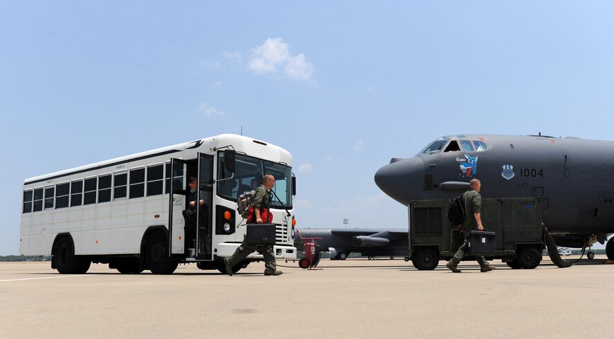Aircrew from the 20th Bomb Squadron prepare to board a B-52H Stratofortress on Barksdale Air Force Base, La., June 28. Though the need for a 24-hour alert aircrew is not often necessary, aircrews still train and practice alert procedures and quick departures. (U.S. Air Force photo/Airman 1st Class Micaiah Anthony)(RELEASED)