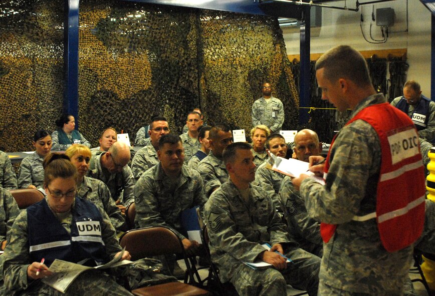 Airmen from the 161st Air Refueling Wing process through Personnel Deployment Function (PDF) line during an Operation Readiness Inspection at Phoenix Sky Harbor Air National Guard Base, June 24, 2012. The PDF line is one of several processes to ensure the unit’s readiness to deploy. (Photo by Senior Airman Rashaunda Williams/ Released)