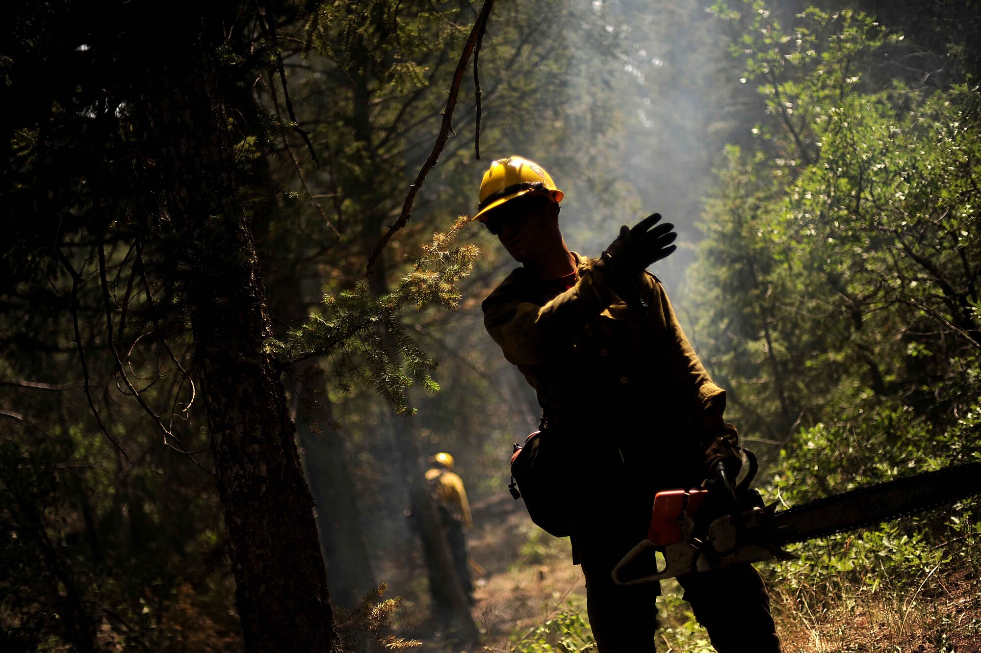 Brad Mabery prepares to cut down a tree with a chainsaw while clearing a fire line in the Mount Saint Francois area of Colorado Springs, Colo., June 28, 2012. Mabery and the rest of the firefighters from the Vandenberg Air Force Base, Calif., Hot Shots are helping to battle several fires in Waldo Canyon. (U.S. Air Force photo/Master Sgt. Jeremy Lock)