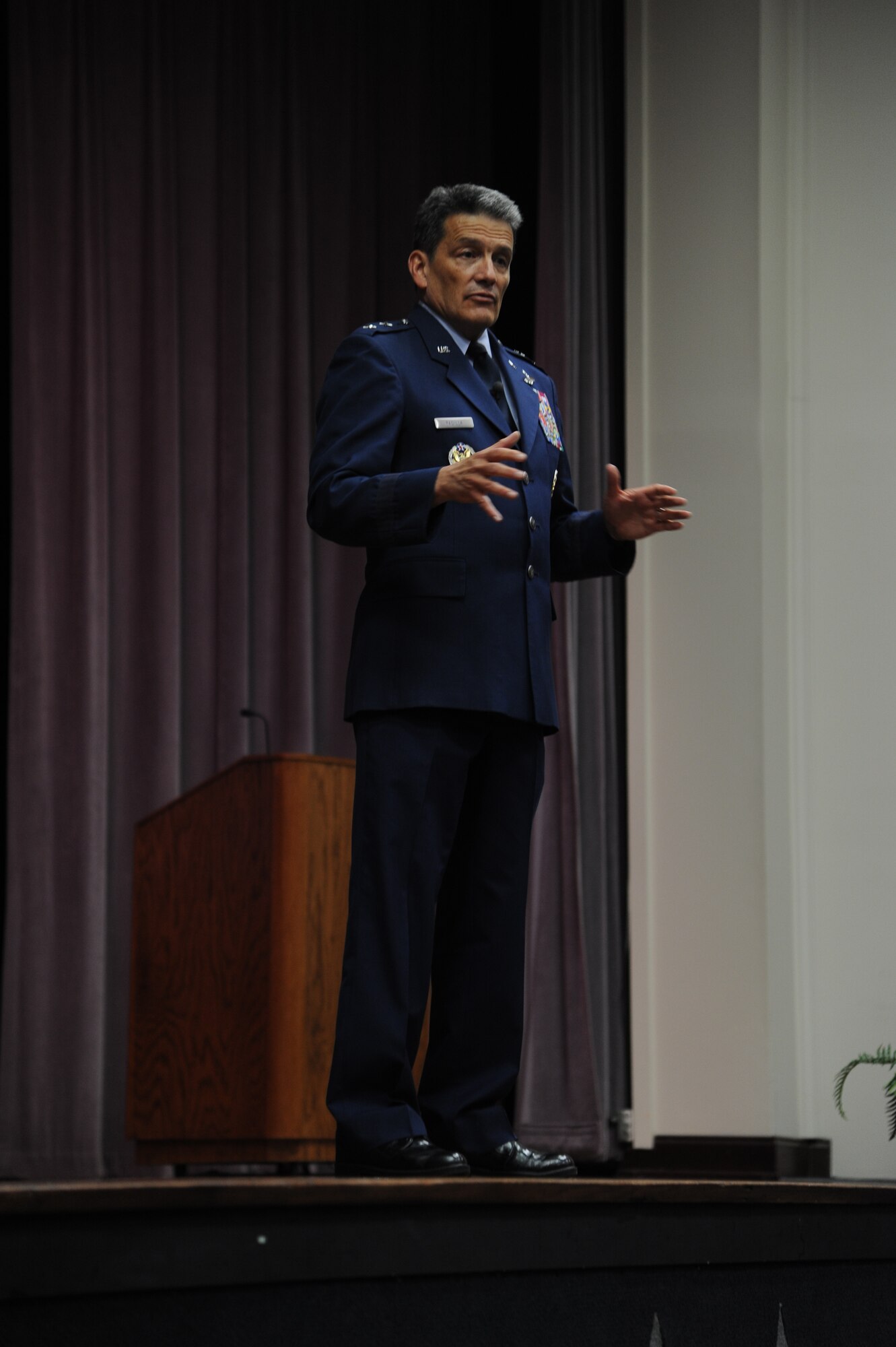 Maj. Gen. Frank Padilla, the Deputy Inspector General of the Air Force Office of the Secretary of the Air Force, Washington D.C. speaks to the graduates of Specialized Undergraduate Pilot Training Class 12-10 on June 15 in the Kaye Auditorium.  Padilla told stories of his past and gave the pilots advice to help them become successful in their future.  (U.S. Air Force Photo/Airman 1st Class Charles Dickens)