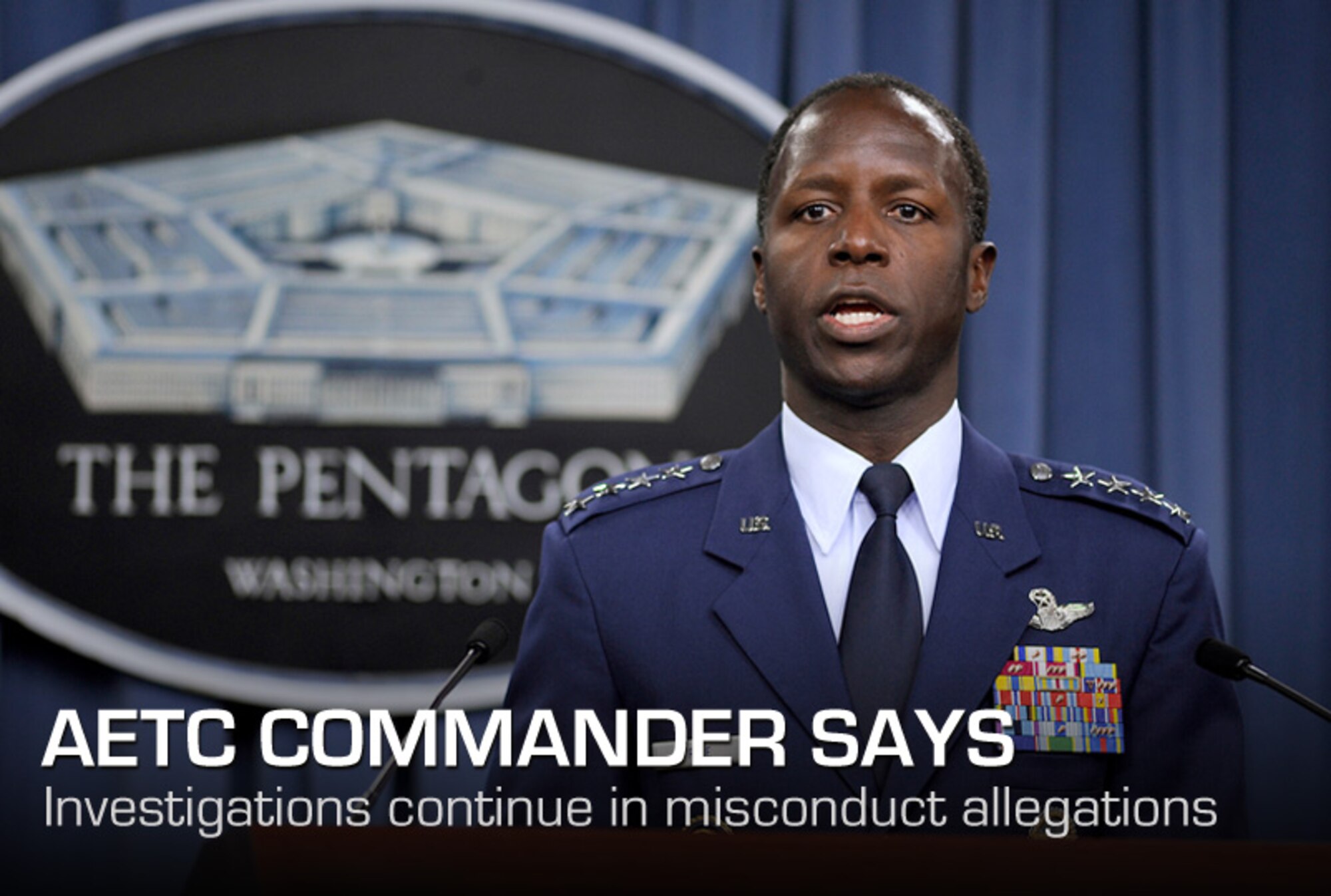 Gen. Edward Rice Jr., Commander, Air Education and Training Command, gives a press briefing on allegations of sexual misconduct involving basic military training instructors at Lackland Air Force Base in the Pentagon on June 28, 2012.  An investigation since June 2011 into the allegations is still ongoing.  (U.S. Air Force photo/Scott M. Ash)