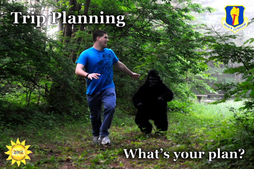 U.S. Air Force Airman 1st Class Kaleb Snay, 35th Fighter Wing public affairs journalist, simulates running away from a gorilla after poor trip planning at Misawa Air Base, Japan, June 29, 2012. When thinking about traveling or taking a trip, one should think to remember ABCDD: assess the situation, balance controls, communicate, decide and debrief to stay safe. This can help avoid dangerous situations and stay protected from hazards. (U.S. Air Force photo illustration by Airman 1st Class Zachary Kee/Released)