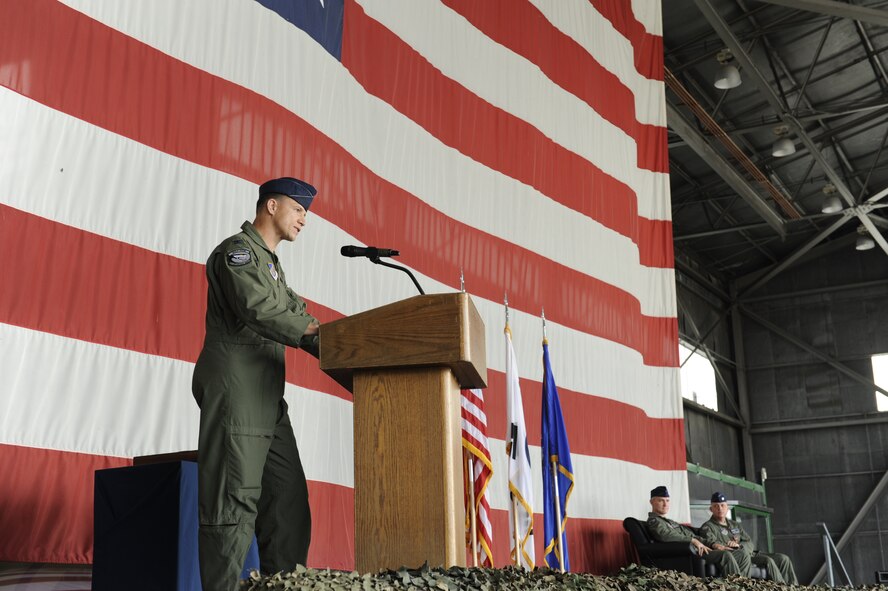 Col. James Sturgeon gives his first speech as 8th Operations Group commander after a change of command ceremony June 29, 2012, at Kunsan Air Base, Republic of Korea. Sturgeon received his commission through the U.S. Air Force Academy in 1989 and has flown more than 3,000 hours, including 1,800 in the F-16 Fighting Falcon. (U.S. Air Force photo/Senior Airman Brigitte N. Brantley)