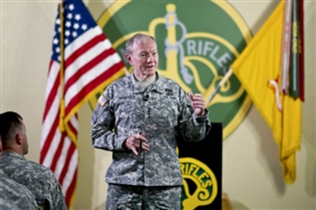 Army Gen. Martin E. Dempsey, chairman of the Joint Chiefs of Staff, speaks to leaders of the 3rd Cavaly Regiment, known as the "Brave Rifles," at a town hall event on Fort Hood, Texas, June 28, 2012. 
