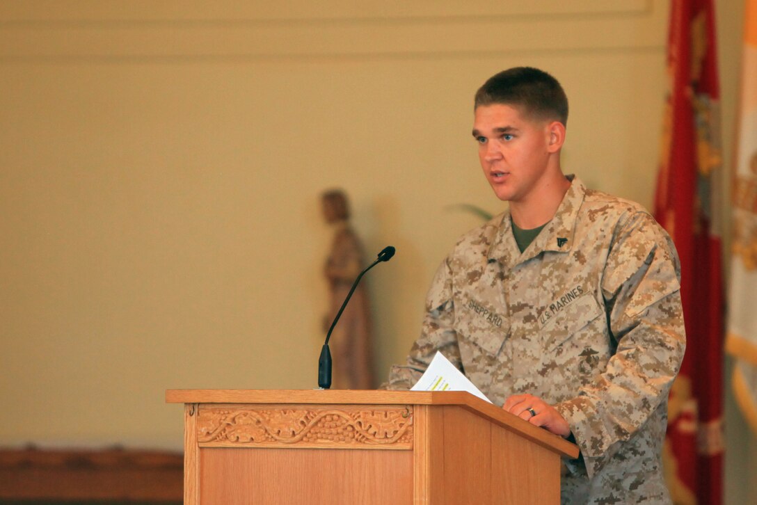 Cpl. Seth Sheppard, military dog handler with 1st Law Enforcement Battalion, shares memories of fallen Marine Cpl. Keaton G. Coffey during a memorial service at the Marine Memorial Chapel at Camp Pendleton, Calif., June 28. The 22-year-old Marine, from Boring, Ore., was killed in action, May 24, during combat operations in Helmand province, Afghanistan. Coffey was serving his second tour as a military police dog handler with 1st LE Bn.