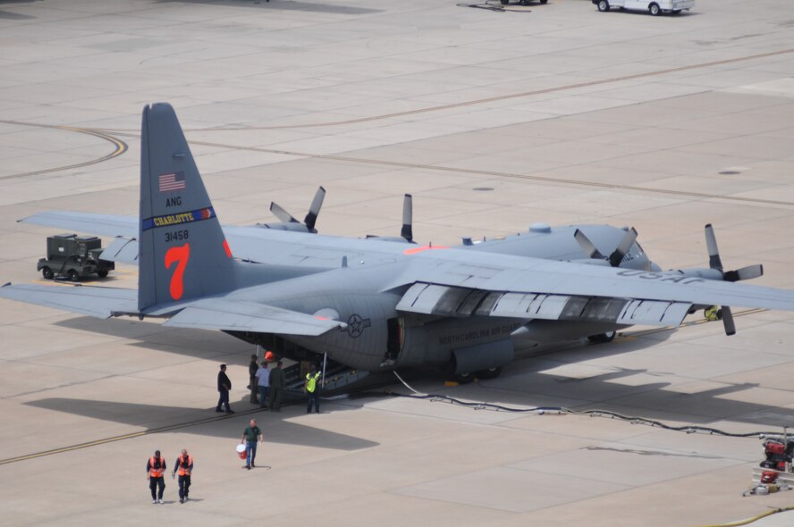 A Modular Airborne Fire Fighting System-equipped C-130 assigned to the North Carolina Air National Guard's 145th Airlift Wing arrives June 30 at Peterson Air Force Base, Colo. The 145th AW  joins the 153rd Air Expeditonary Group tasked with providing requested MAFFS assistance through out the Rocky Mountain area. (U.S. Air Force photo/Airman 1st Class Nichole Grady)