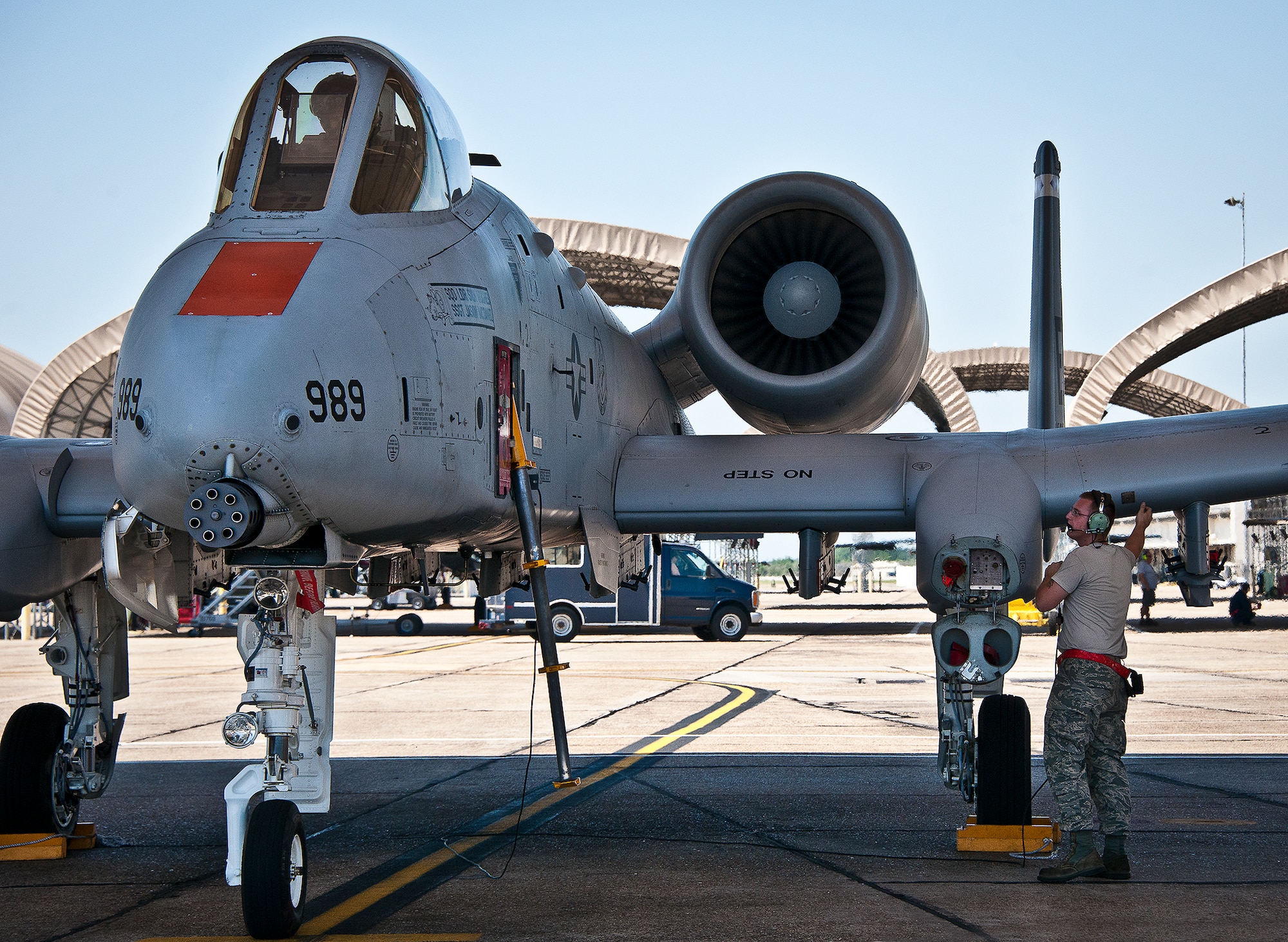 Senior Airman Mitchell Harrington, of the 46th Aircraft Maintenance Squadron, goes over last minute checks before sending the A-10 on its first flight using an alcohol-derived fuel blend June 28 at Eglin Air Force Base, Fla.  (U.S. Air Force photo/Samuel King Jr.)
 